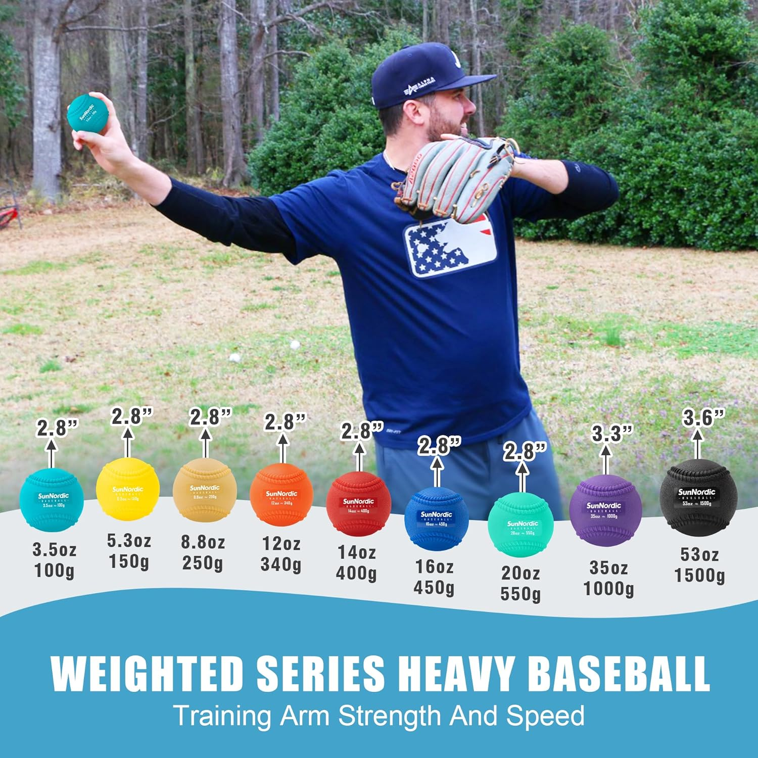 Sunnordic 6/9 Pack Seams Plyometric Weighted Baseball Set (3.5-16/35/53/70 Oz) - Variable Weight Plyo Baseballs for Improved Power & Pitching Training - for All Skill Levels