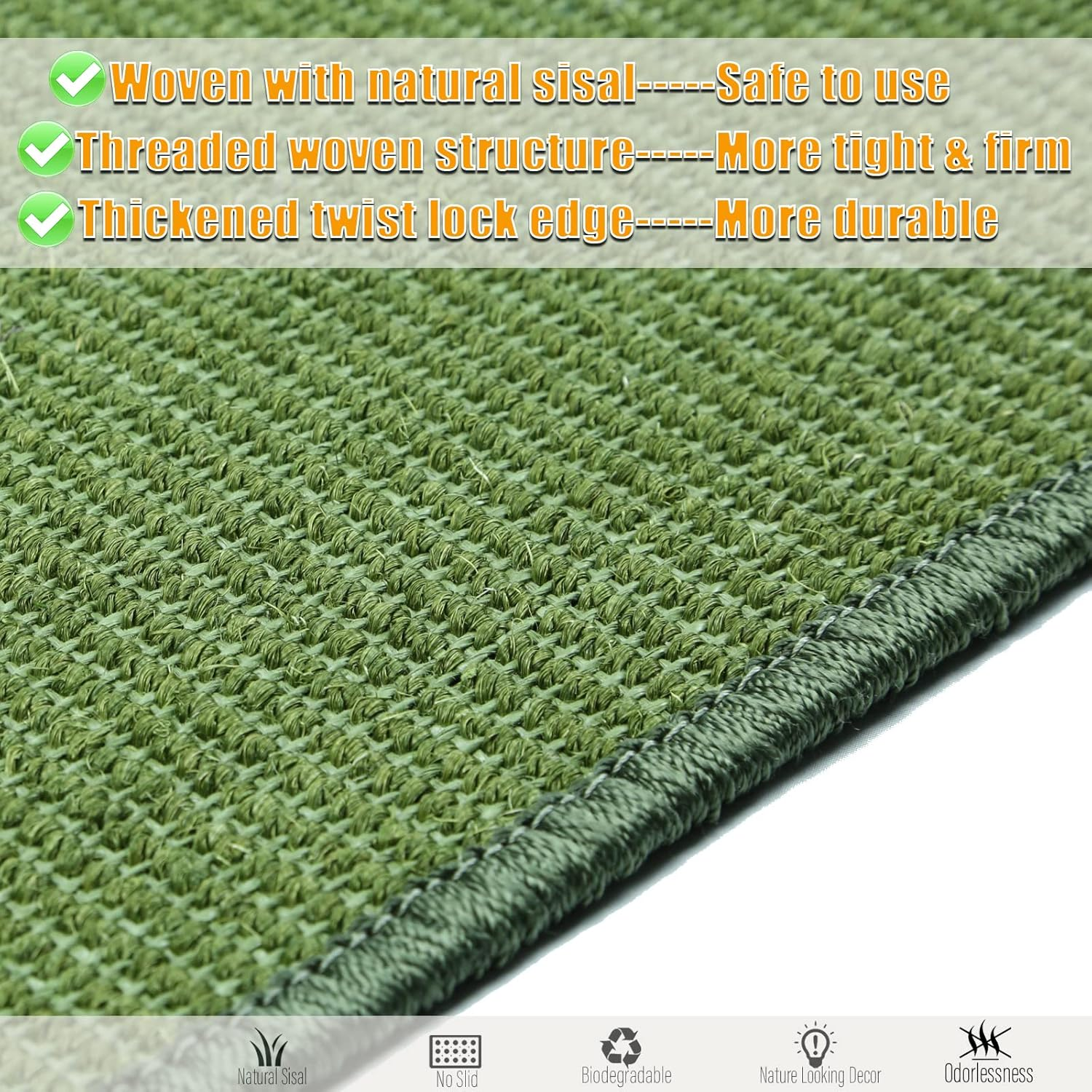 Pethave Cat Scratcher Mat, 23.6X15.7Inch Natural Sisal Cat Scratchers for Indoor Cats with Velcro,Stick on Floor Cat Wall Scratcher,Horizontal Cat Scratch Mat Protect Furniture (Green Color) image number 3