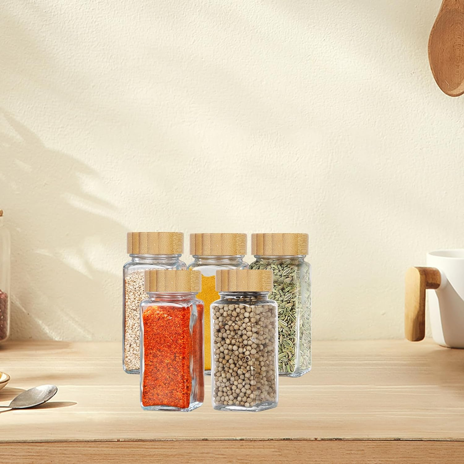 Yuroochii 24 Glass Spice Jars with Label, 120Ml Square Seasoning Bottle with Bamboo and Wood Cap Set, Spice Bottles Funnel, Empty Spice Jars and Shaker Lids Spice Containers image number 1