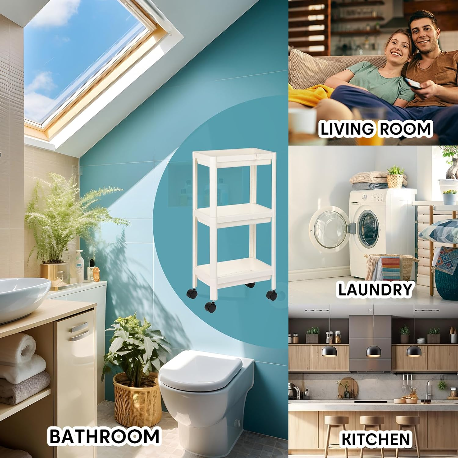 Okam 3-Tier Slim Storage Trolley Cart - Slimline Bathroom and Kitchen Storage Unit with Hooks, Aeration Holes, Smooth Wheels, Perfect for Narrow Gaps, White. Stands 75Cm Tall Narrow Storage Unit image number 2