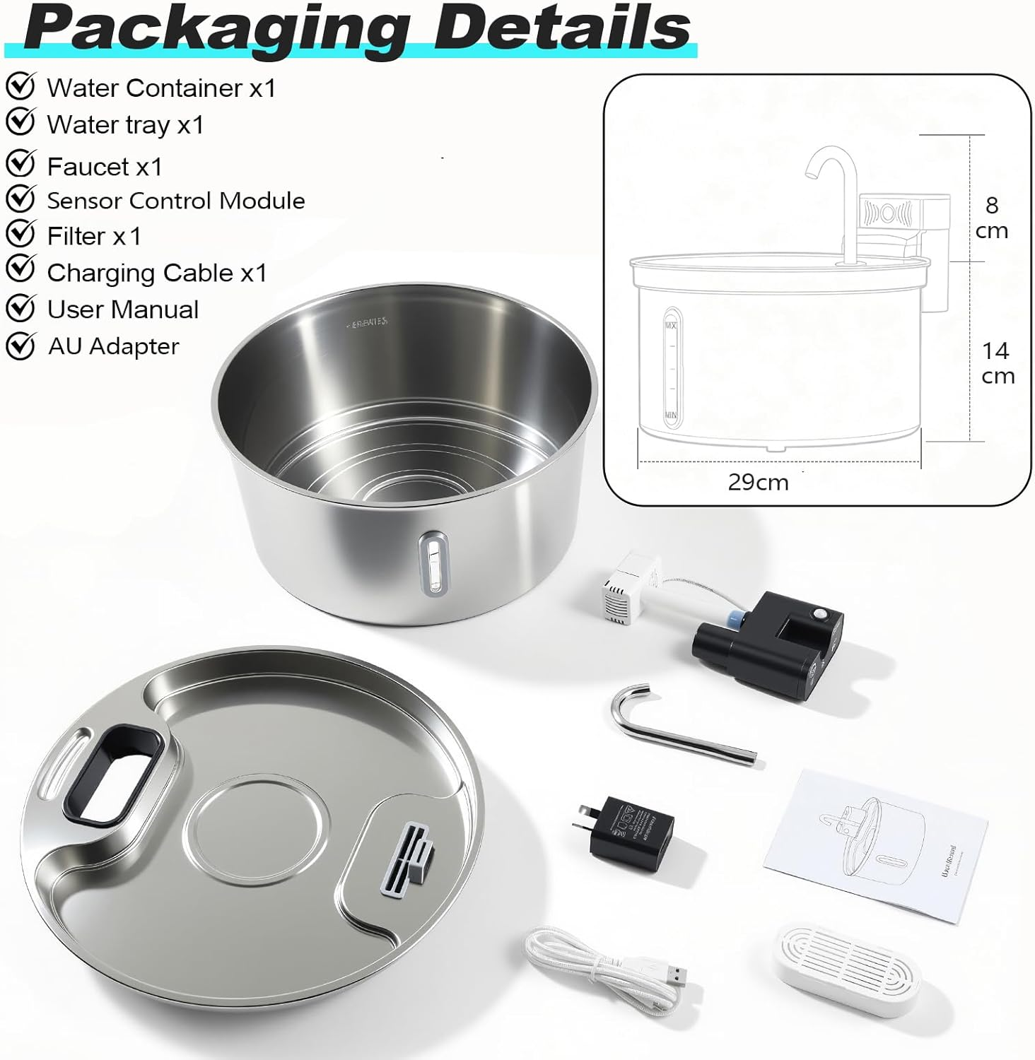 Dog Water Fountain for Large Dogs, 7L/1.8Gal Wireless Dog Water Dispenser, Stainless Steel Automatic Pet Fountain Indoor/Outdoor with Ultra-Quiet Pump, Easy Clean