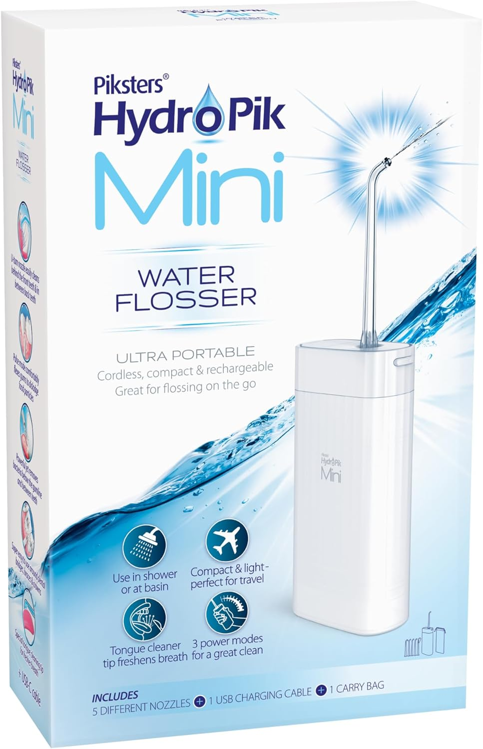 Piksters Hydropik Mini Water Flosser - Waterproof Portable Water Flosser for Teeth, Gums, Braces Care, 3 Power Modes, 5 Flossing Nozzles, Compact & Light for Travel