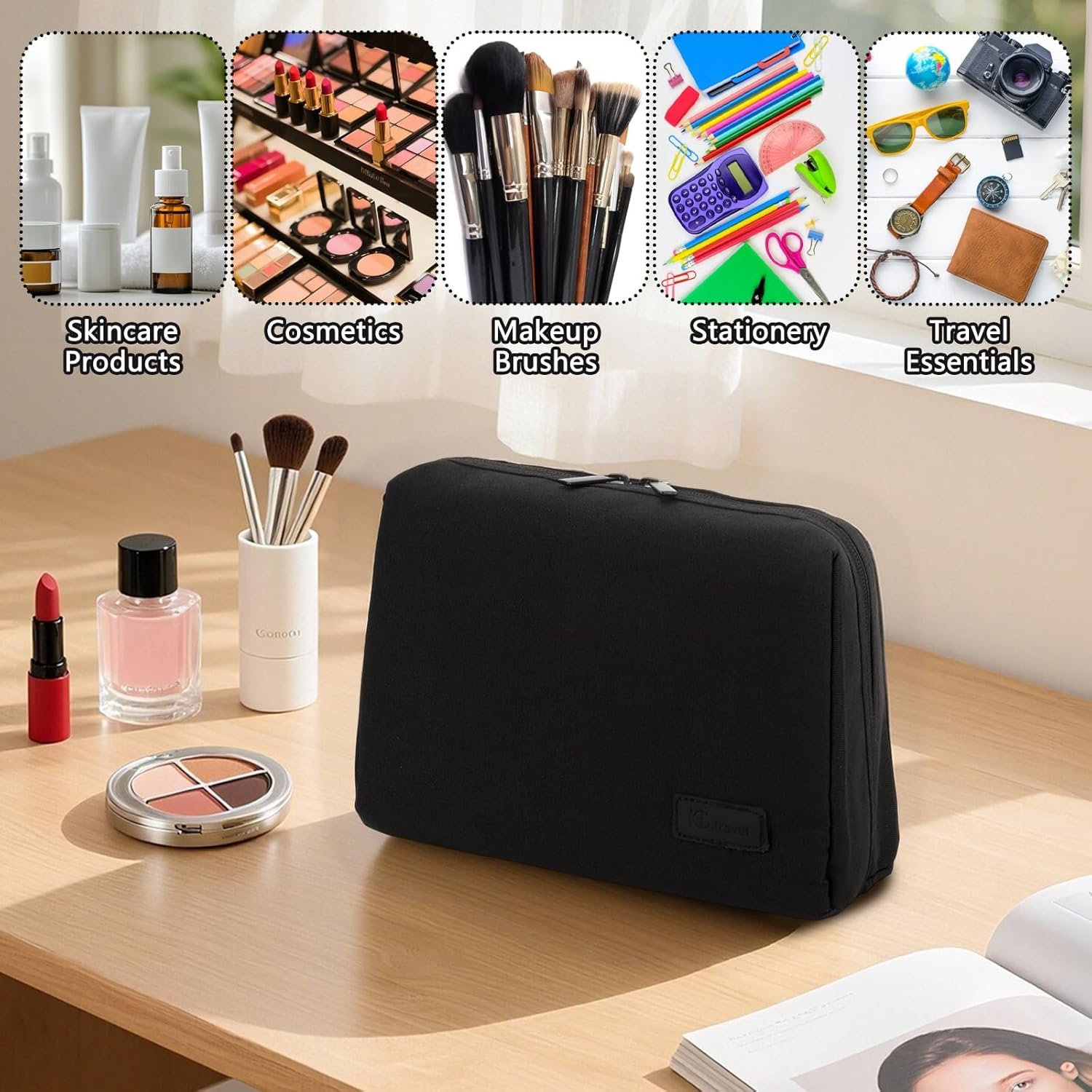 Supcomsta Make up Bag, Makeup Bags for Women, Travel Makeup Bag with RPET Recycled Fabric, Eco-Friendly Cosmetic Bag, Water-Resistant & Durable Travel Cosmetic Bag (Black) image number 2