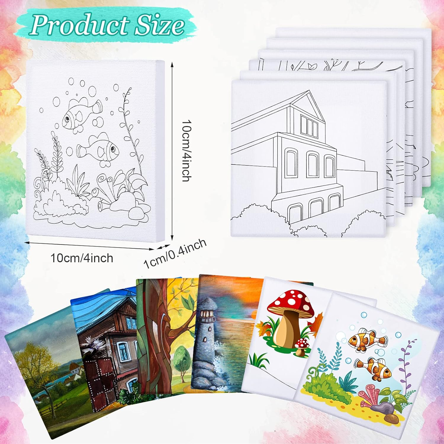 Meanplan 12 Pcs Pre Drawn Canvas for Painting for Adults 4 X 4 Inch Pre Printed Stretched Canvas with Pictures to Paint DIY Outline Boards for Party Favor Beginner Art Gifts(Village and Sea Style) image number 4