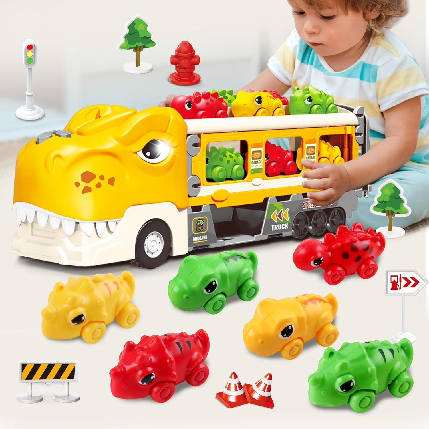 Dinosaur Truck Toys for Kids 3-5 Years,With 6 Dinosaur Car Vehicle (Random),1 Toy Tyrannosaurus Dinosaur Transport Carrier Truck,Race Track Playset with Lights Sounds,Kids Gifts