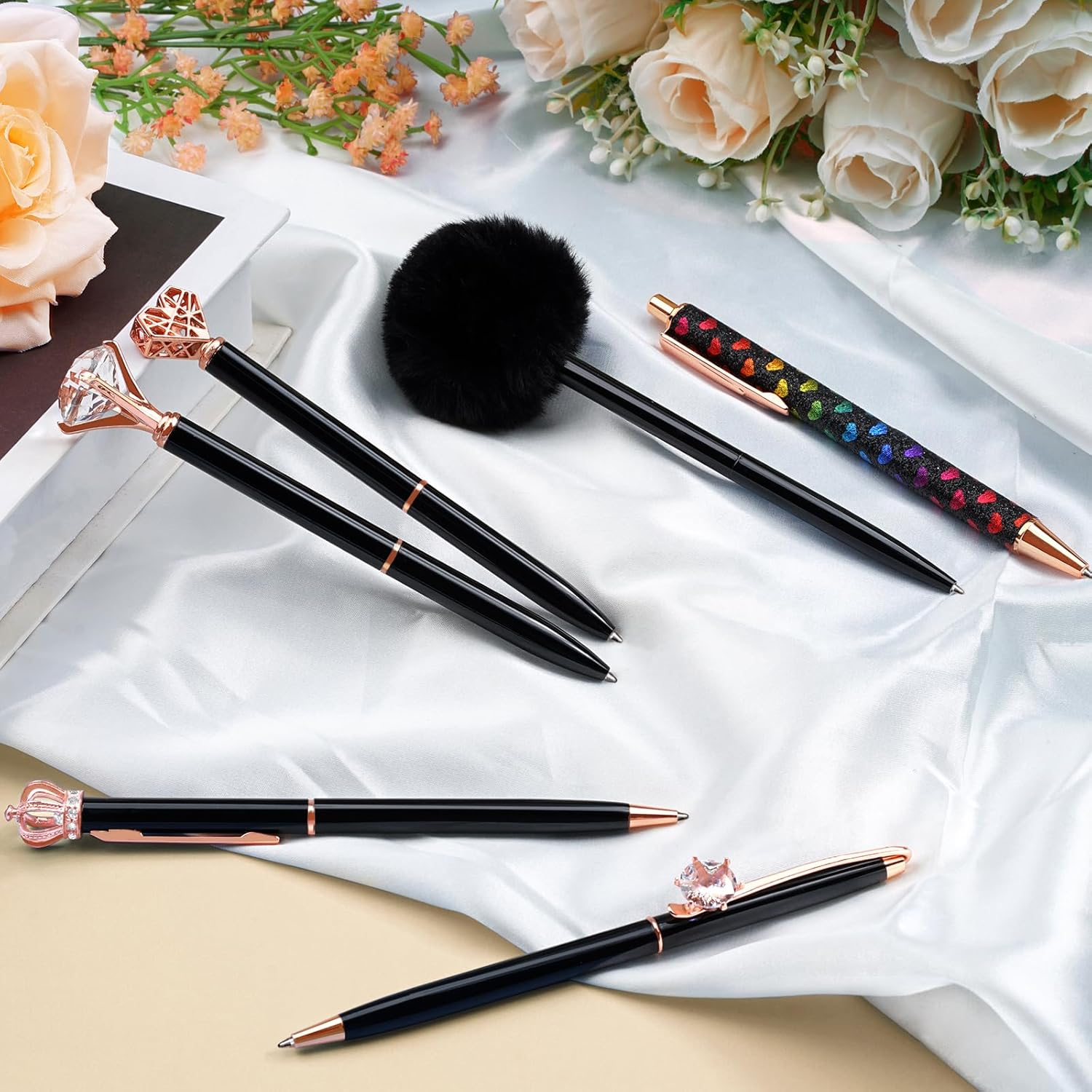 WEMATE 8Pcs Ballpoint Pens Set Metal Crystal Diamond Pen Glitter for Journaling Black Pen Bling in Black & Blue Ink Pretty Cute Pens Fancy Pens Gifts for Women Wedding School Office Desk(Black) image number 1