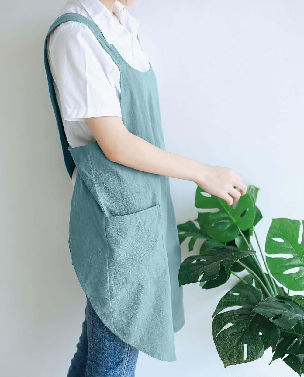 Soft Cotton Linen Apron Cross Back X-Shaped Japanese Style Pinafore Dress for Cooking, Housewarming, Daily Chores