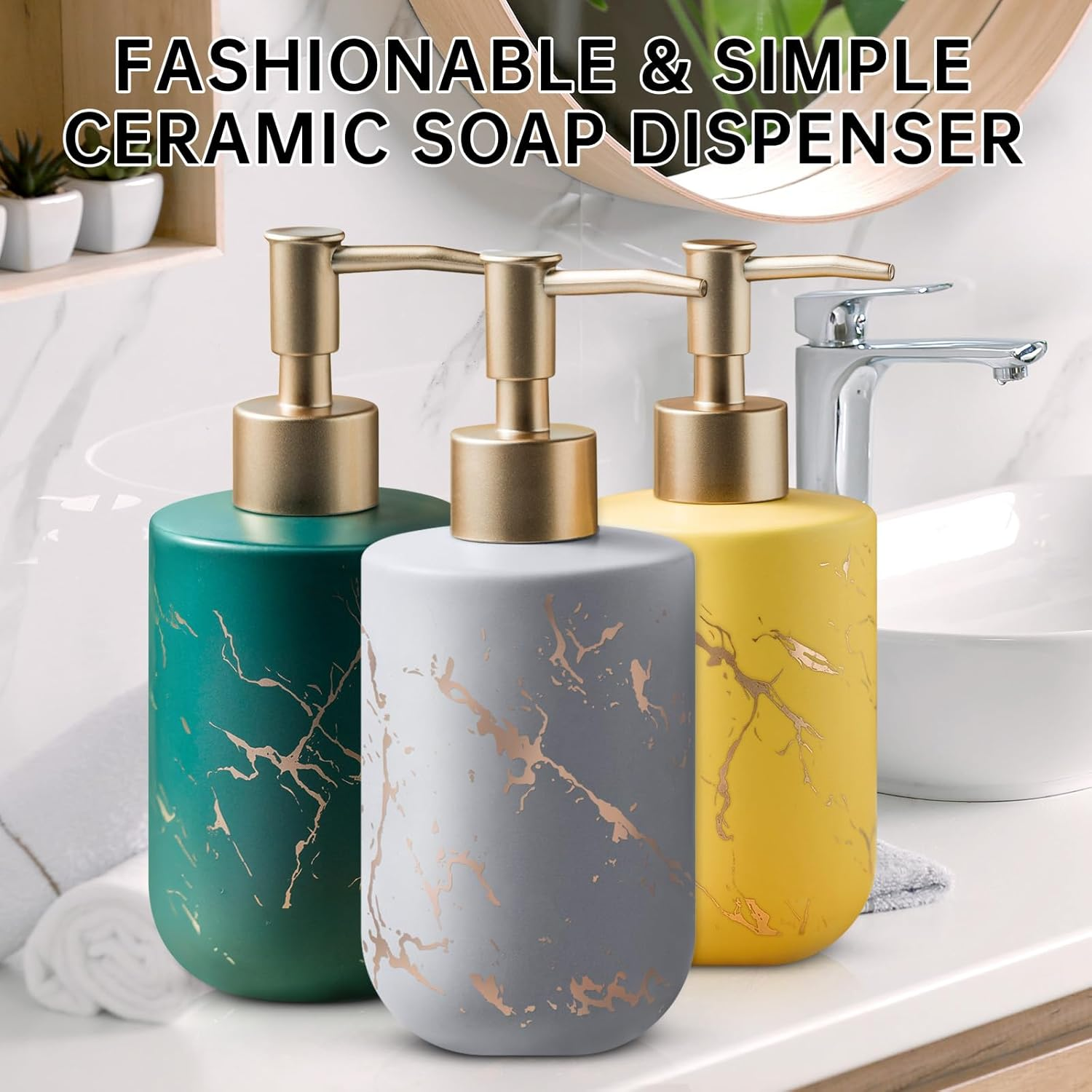 Gold Soap Dispenser Bathroom, Ceramic Hand Soap Dispenser with Marbling for Kitchen, Shower, 300ML. (Yellow) image number 6
