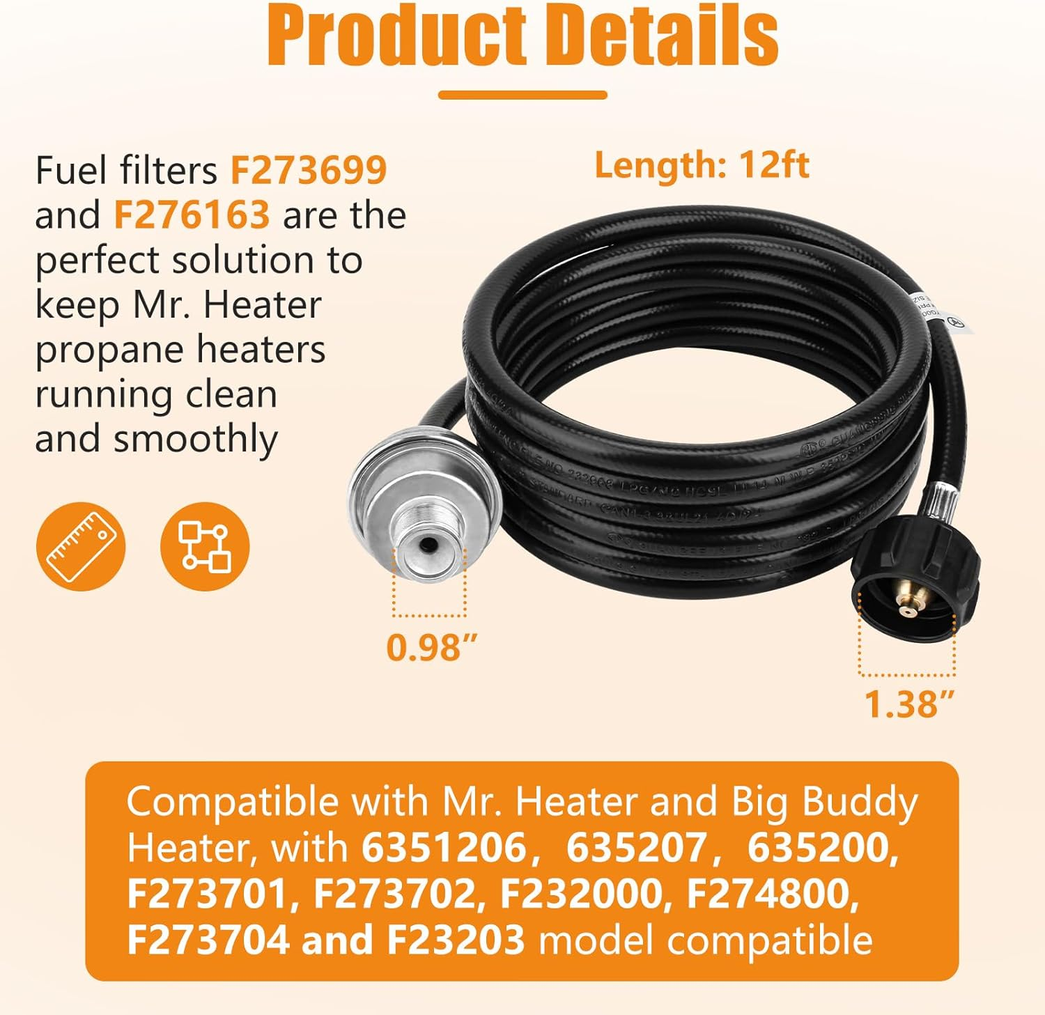 12Ft Propane Fuel Filter with Hose, Compatible with Mr. Heater Big Buddy, CSA Certified, Qcc1/Type1 Adapter, Connect 20-45 Lb Propane Tanks