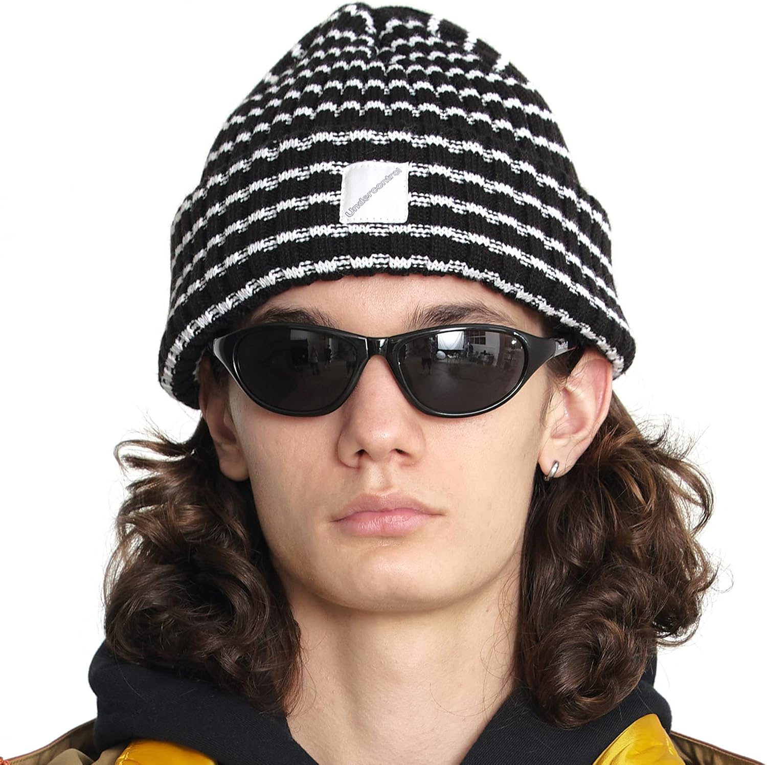 UNDERCONTROL Square Logo Label Unisex Fall Winter Thick Long Stripe Cuffed Rollup Warm Beanie Korea Knit Skull Ski Hat