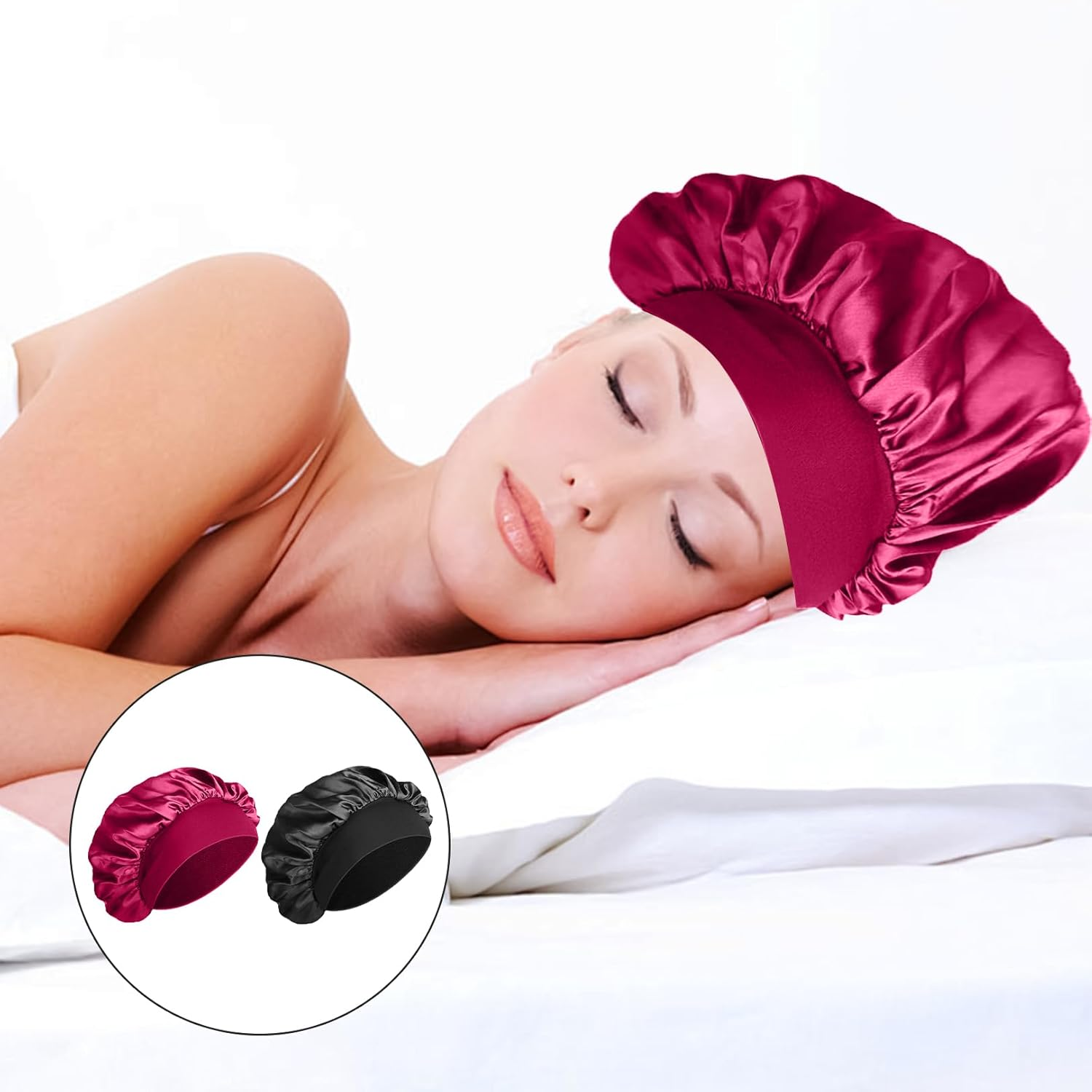 Bonnet Sleep Cap Hair, Bonet Silk, Shower Cap Women, Sleep Cap Hair Protection Children, Sleep Cap Curls, Satin Hood for Sleeping Men, Silk Hood Hair, Hair Protection (Burgundy and Black) image number 2