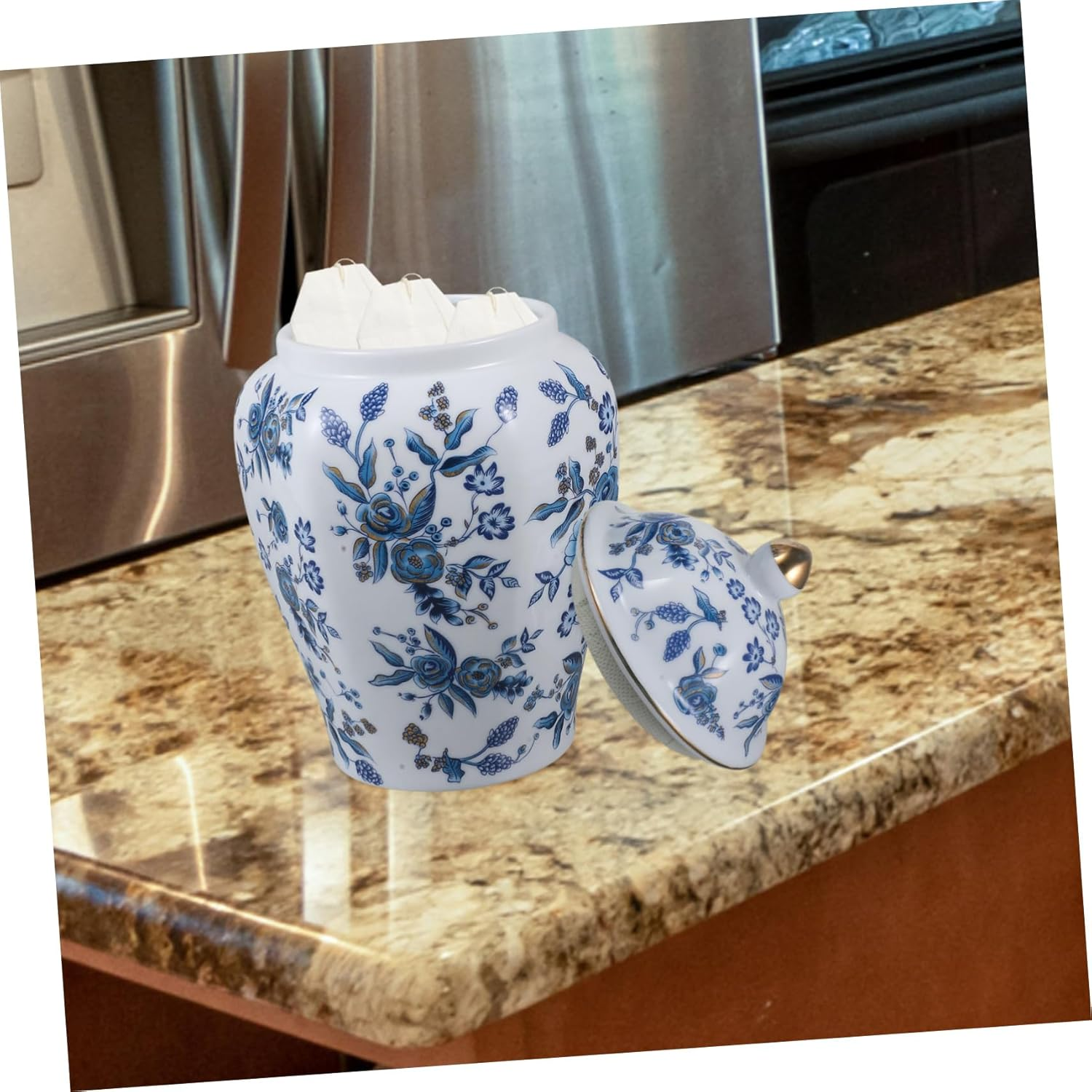 LABRIMP Blue and White Porcelain Sealed Tea Jar Lid Ceramic Storage Canister for Tea Food and Snacks Portable Size for Home Kitchen Use image number 2