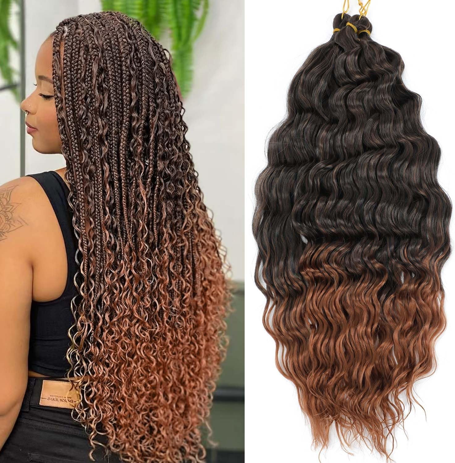 Ocean Wave Crochet Hair 18 Inch 3 Packs Deep Wave Braiding Hair Curl Crochet Synthetic Braids Hair Extension for Women (Green #, 18 Inch 3 Packs)