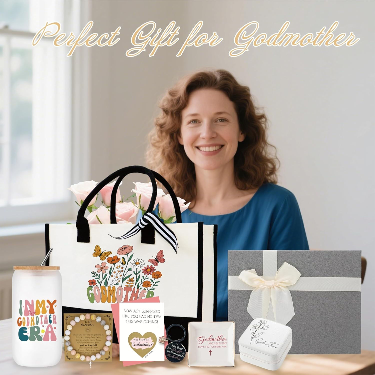 Godmother Proposal Gift 8 Pcs God Mother Gift Basket Set Will You Be My Godmother from Godchild Baptism Birthday Mother'S Day Christmas Gifts for Godmom Gifts for Women image number 1