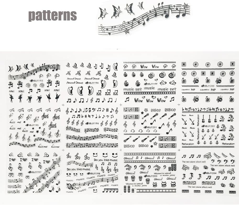 Musical Instrument Series Nail Art Stickers, Musical Notes Nail Decals 3D Self-Adhesive Guitar Erhu Piano Keys Microphone Musical Notes Nail Design Manicure Tips Nail Decoration for Women Girls Kids(12 Sheets)