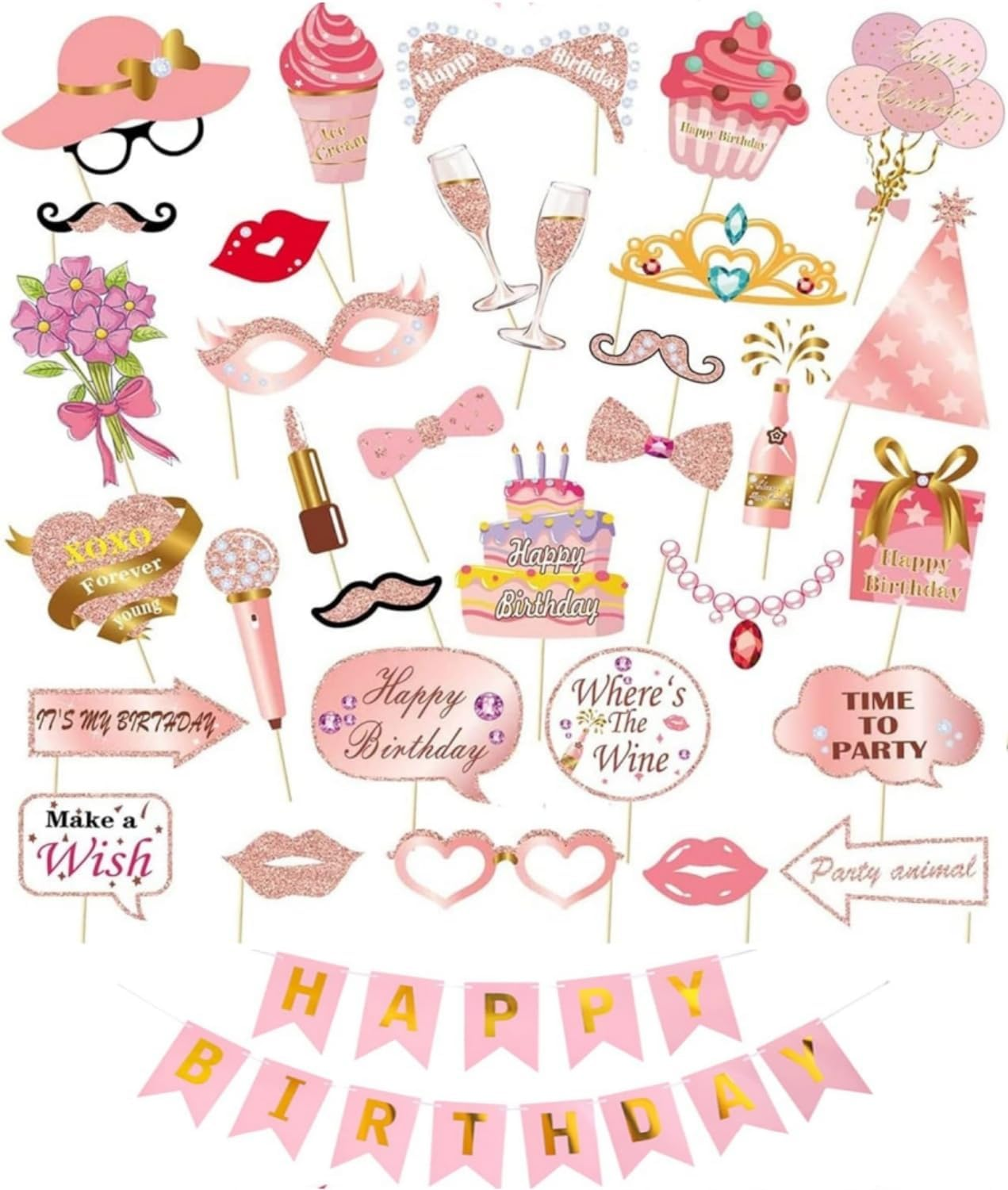 Rose Gold Birthday Party Props - 34Pcs Glitter Photo Props with Lips, Crowns, Flowers, Lipsticks image number 2