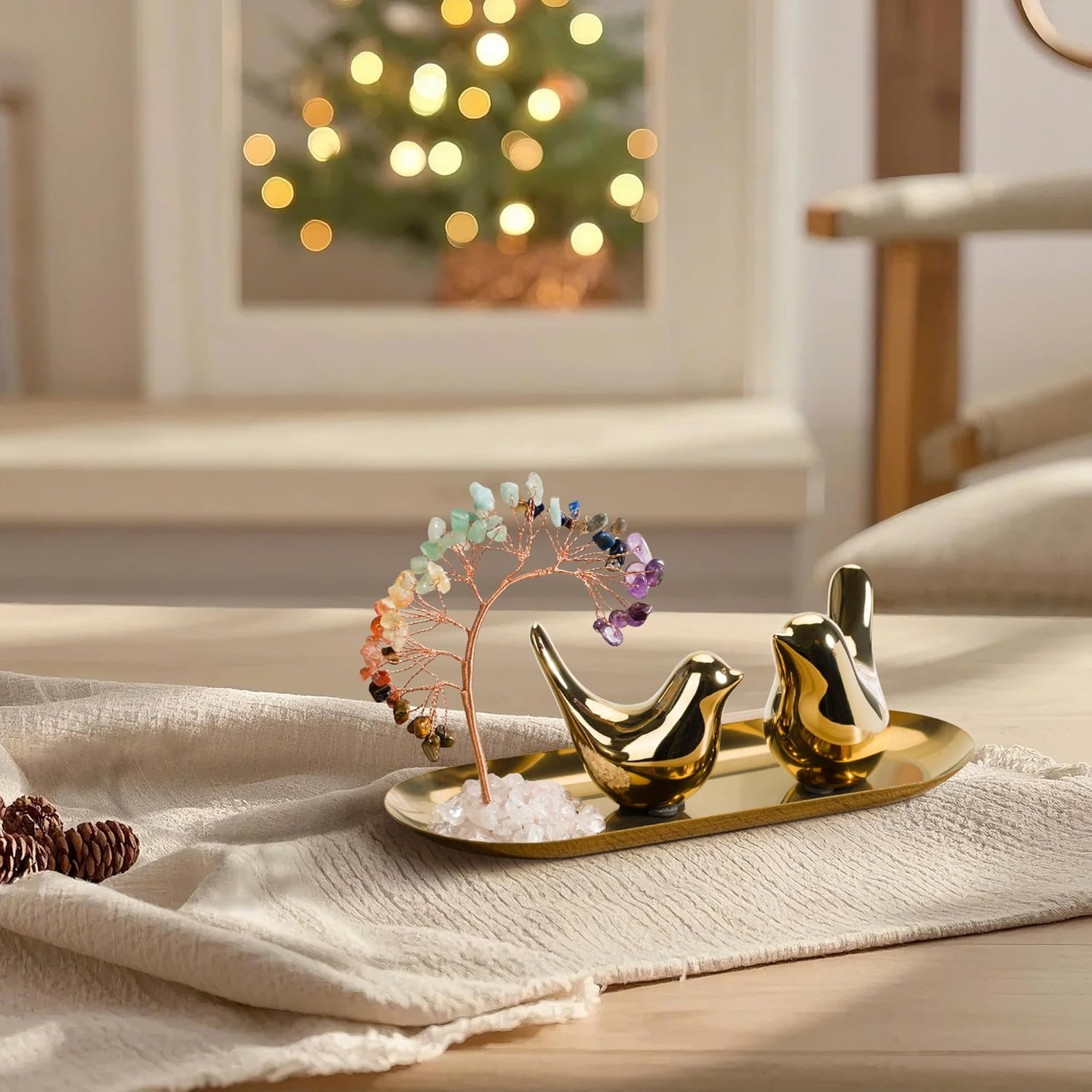 Zenbless Crystals Tree,Small Birds Statue,7 Chakra Healing Crystals Stones Tree Storage Tray Yoga Meditation Zen Room Office Home Decor Set Figurine Ornament Decoration Feng Shui Wealth Luck image number 4