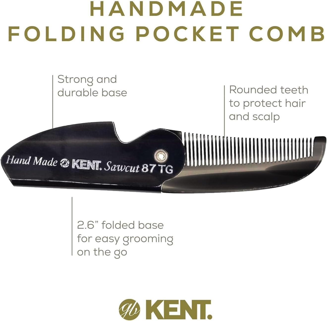 Kent 87T Combo Handmade Folding Pocket Comb for Men, Fine Tooth Hair Comb Straightener for Everyday Grooming Styling Hair, Beard or Mustache, Use Wet or Dry, Saw Cut Hand Polished, Made in England