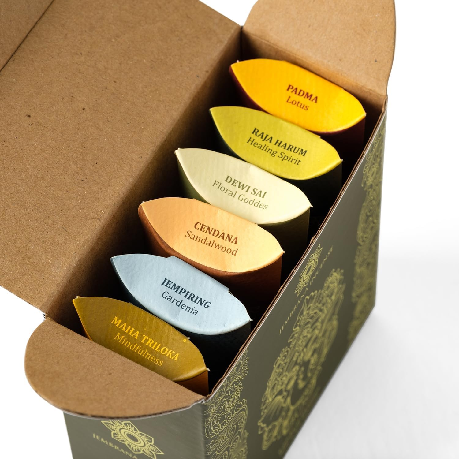 Bali Soap Jembrana Incense Cones - Mix 6 Scents (60 Cones Total), 10 Cones Each of Lotus (Padma), Sandalwood, Gardenia, Maha Triloka, Raja Harum & Dewi Sai (Amber), Gift Sets from Bali image number 1