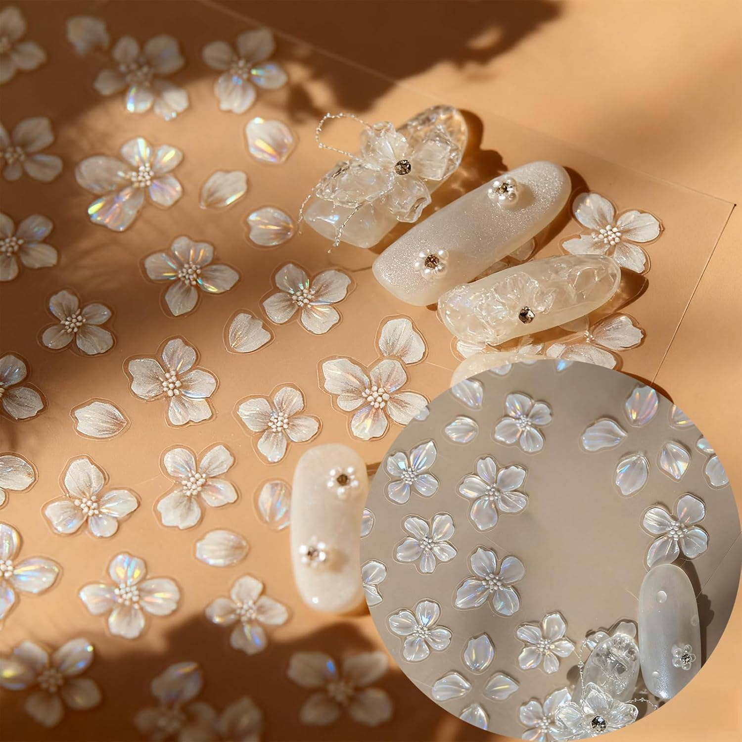 Surnavik Flower Nail Stickers for Women Girls - 5D Embossed White Flower Nail Art Supplies for Spring Summer（White&Yellow） (White)