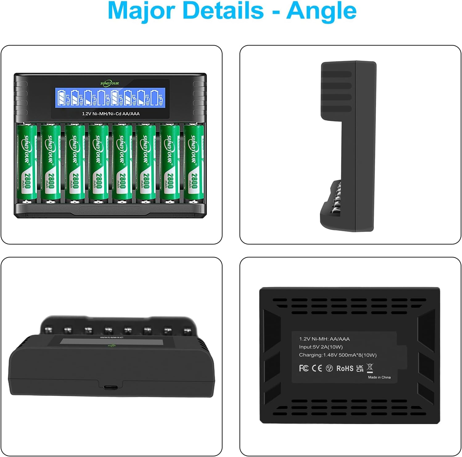 2800 Mah Ni-Mh AA Battery with Charger, SUNLYTOUR Pack of 8 2800 Mah AA NI-MH Batteries with 8 Slots AAA AA Charger, Charge up to 1200 Cycles image number 1