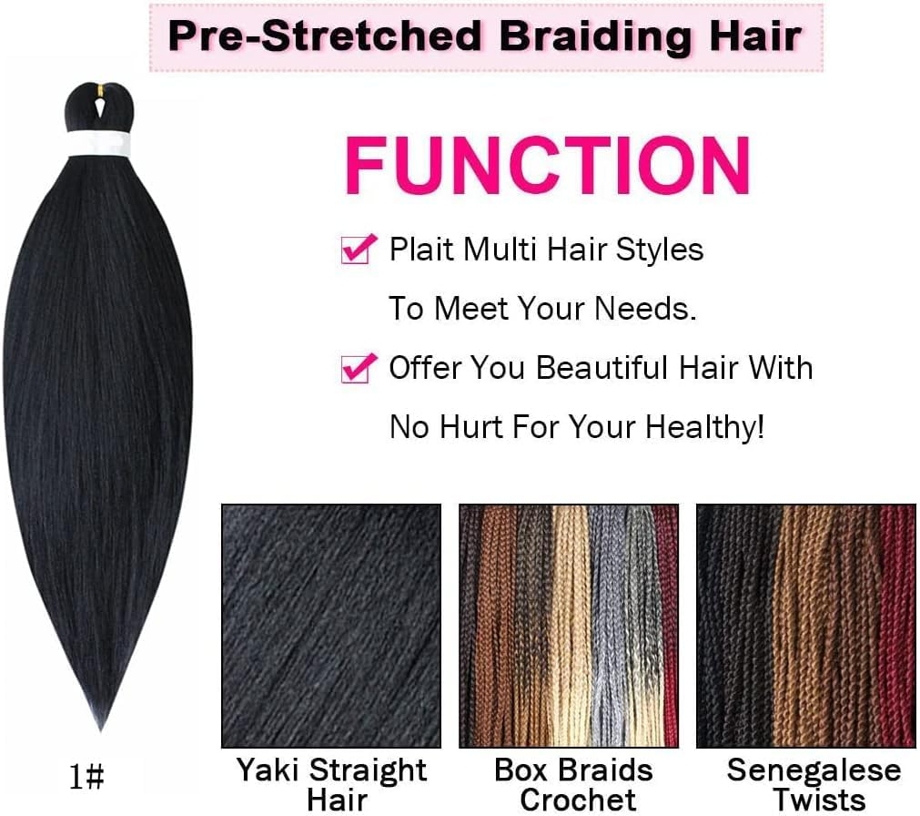 Pre Stretched Braiding Hair 26'' Easy Braid 6 Packs Professional Itch Free Synthetic Fiber EZ Braids Yaki Texture Knotless Braiding Hair Extensions (1B) image number 2