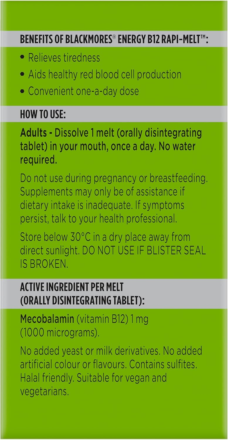 Blackmores Energy B12 Rapi-Melt | Supports Energy Levels and Nervous System Function | Cherry Flavour | 60 Melts image number 4