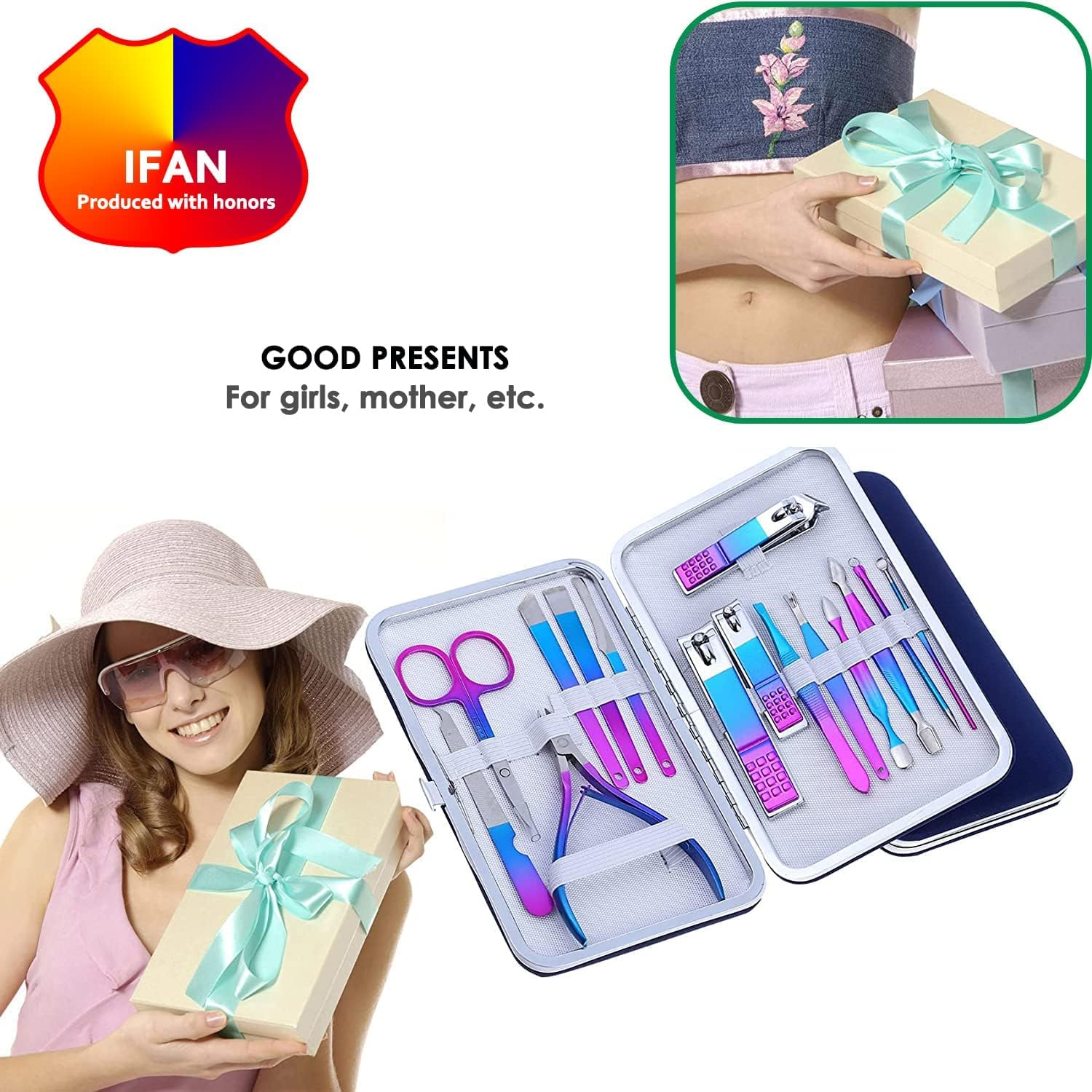 IFAN&trade; Professional Nail Clipper Nail File Nail Cutter 12PCS in 1 Rainbow Stainless Steel Manicure Set Pedicure Combo Facial Care Tools for Household Travel Portable image number 5