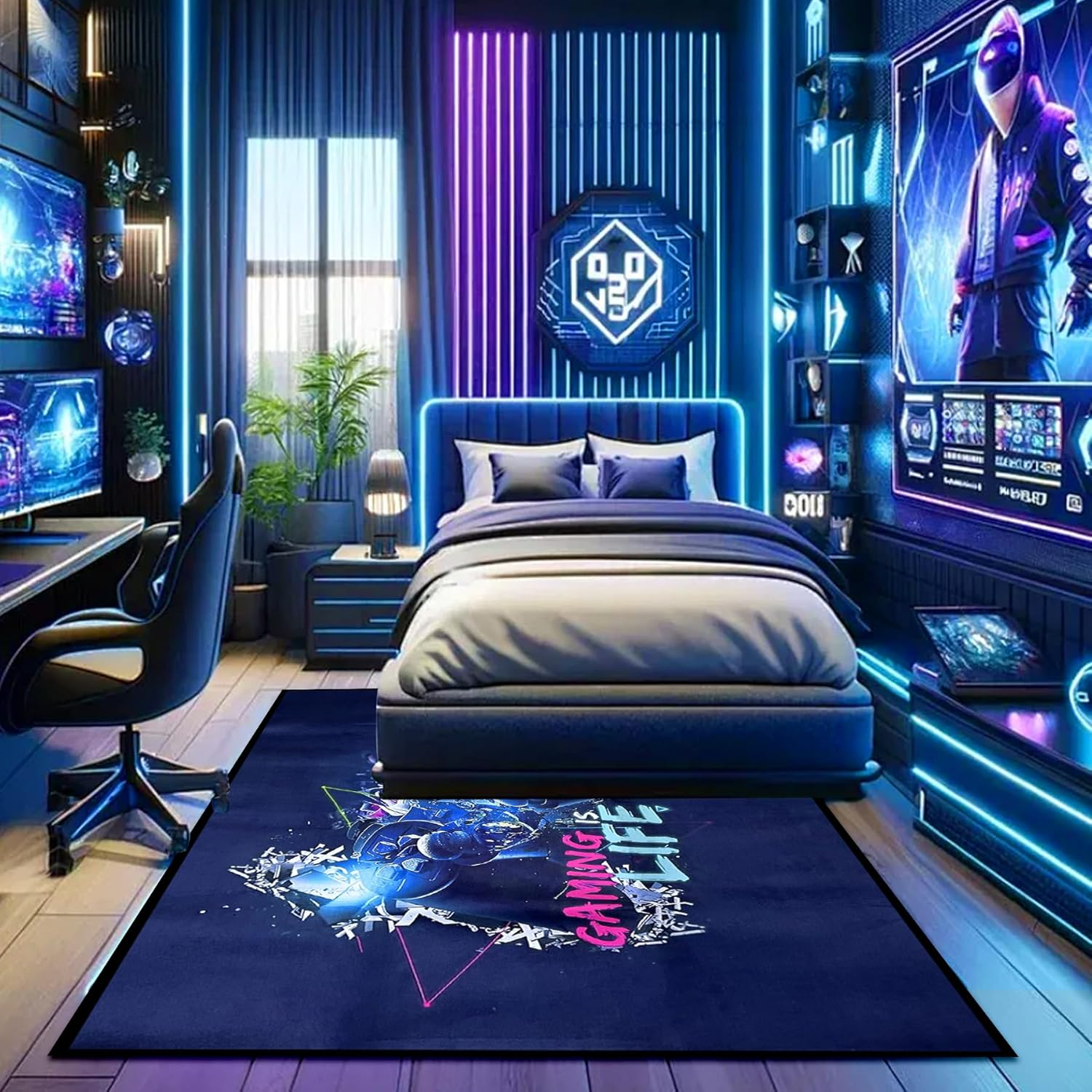 Gaming Rug for Game Room, Non-Slip Colorful Play Mat for Playroom, Gamer Controller Gamepad 3D Print Floor Carpet Activity Centerpiece Area Rugs for Boy Girls Teen Room Decor (Color 2, 120X160Cm) image number 1