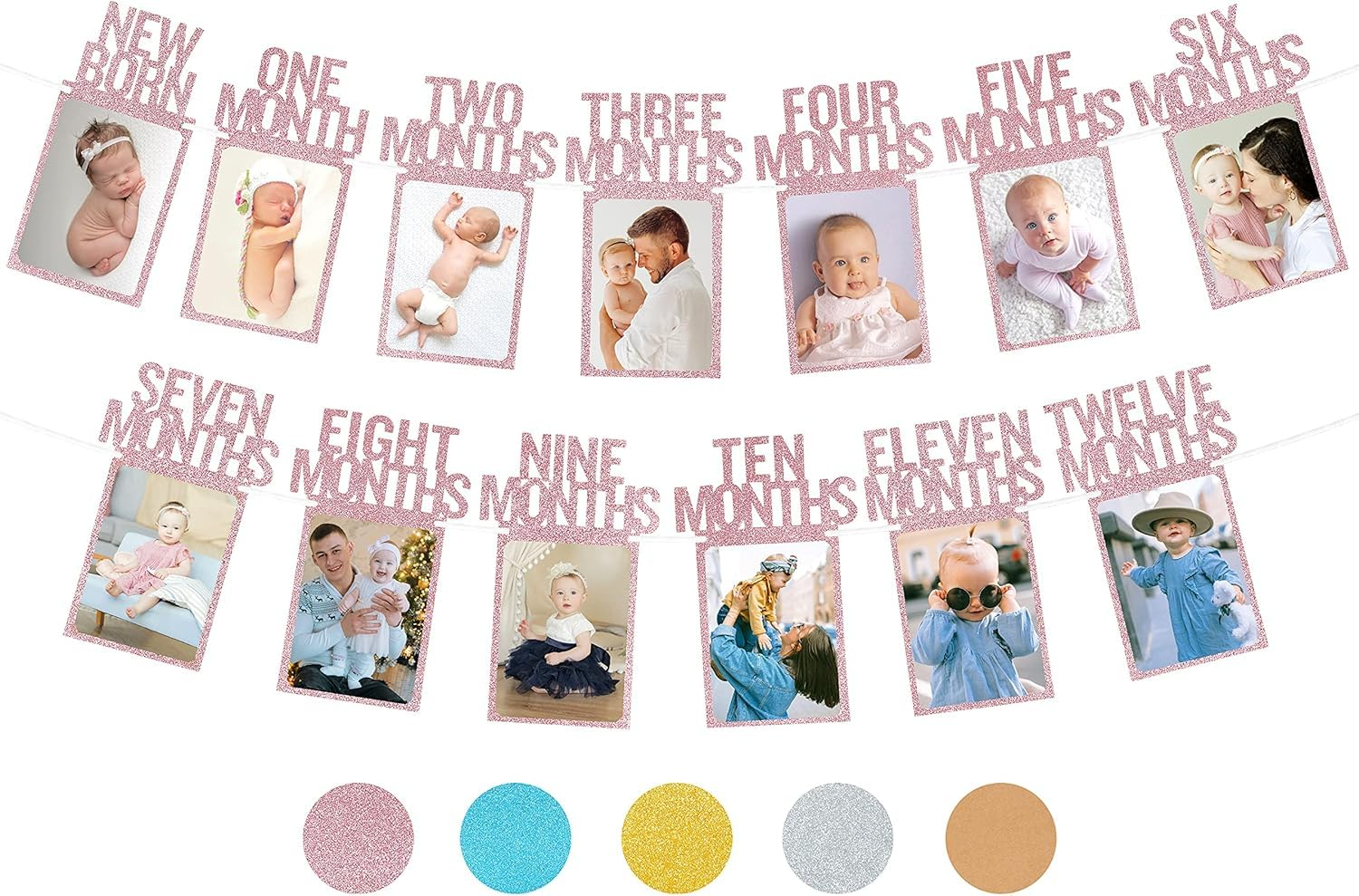 1St Birthday Photo Banner for Baby from Newborn to 12 Months, First Birthday Decorations Boy or Girl Monthly Milestones Garland | First Birthday Photo Banner Pre-Strung with Frame (Silver1)