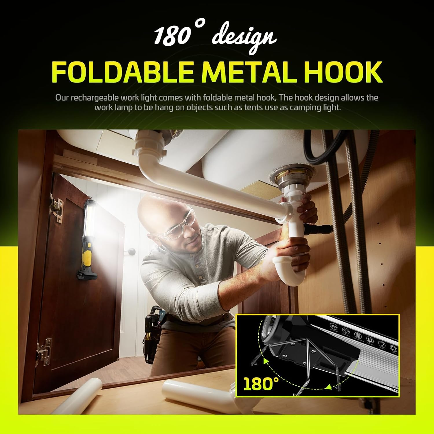 ​​WARSUN Rechargeable 1500LM COB LED Work Light - Magnetic Hands-Free Trouble Light with Hook, IPX4 Waterproof for Garage Repair, Emergency | Tool Gifts for Men (Yellow)​ image number 4