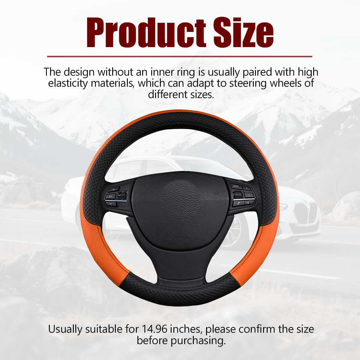 FALVFUN Car Steering Wheel Cover, 15 Inch Elastic Stretch Leather Vehicle Steer Wheel Cover Protector, Anti-Slip Breathable Automotive Interior Protection Accessories, Universal Fit (Black/Orange) - Black/Blue image number 4