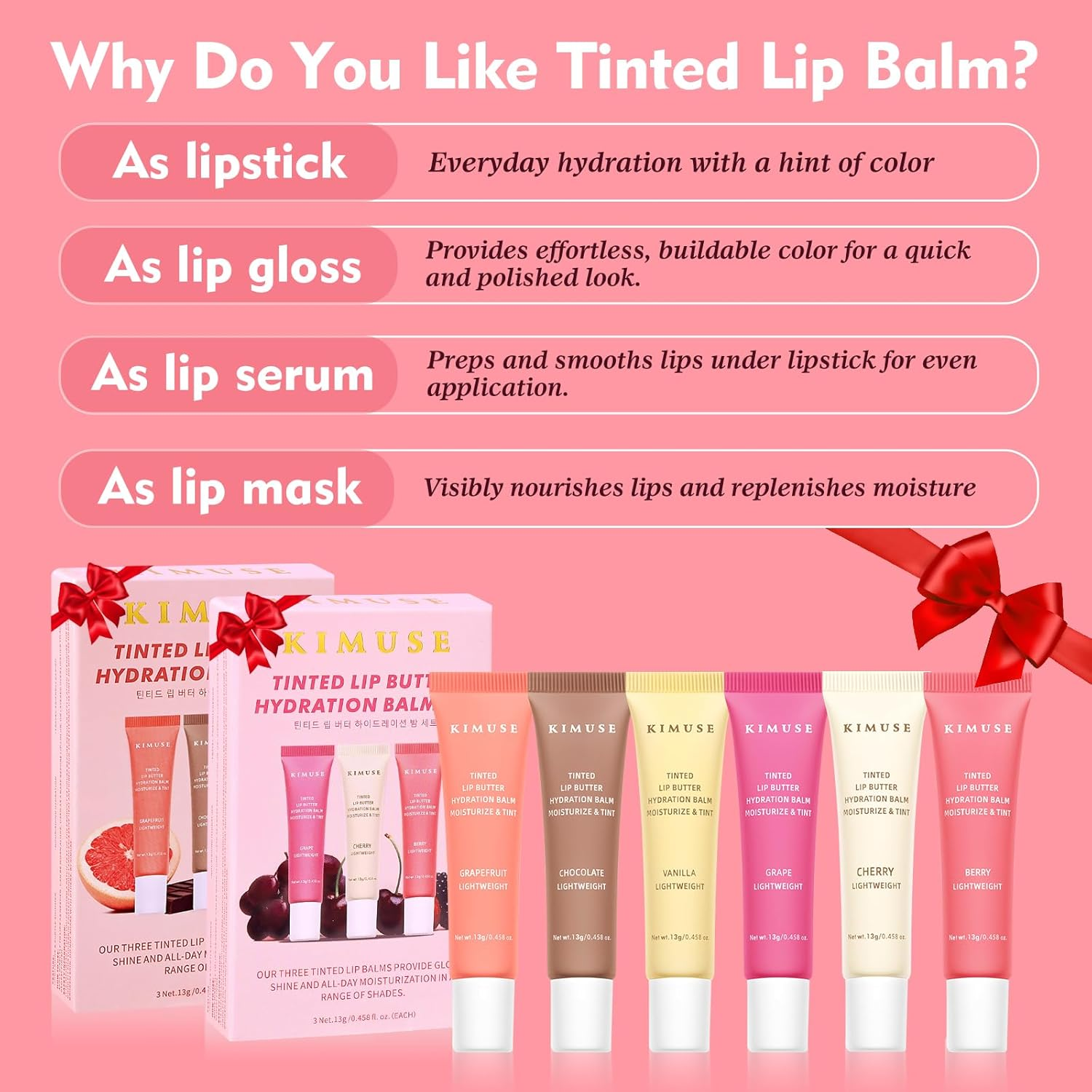 KIMUSE Tinted Lip Butter Hydration Balm Trio, 6 Flavored Shades Hydrating Plumping Gloss with Sheer Tint, Non-Sticky | Vegan Lip Care Makeup for Dry Lips & Daily image number 6