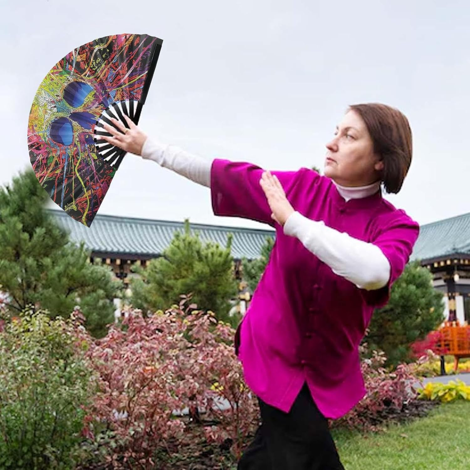 Large Folding Hand Fan | Large 13 Inch Folding Hand Popping Fans,Decorative Foldable Craft, Kung Fu Craft, Home Decoration for Festival Wedding - B image number 2