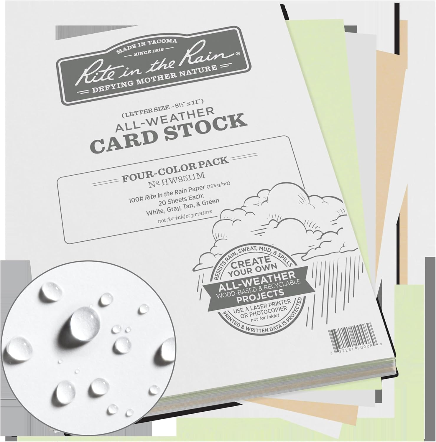 Rite in the Rain Weatherproof Card Stock, 8.5" X 11", 100#, 20 Sheets of White, Green, Tan, and Gray, 80 Sheet Pack (No. HW8511M) (Pack of 2)