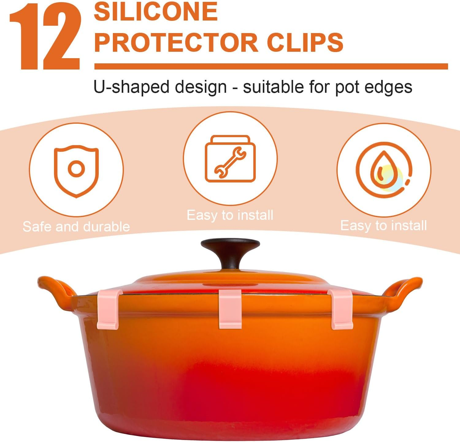 12Pcs Dutch Oven Lid Protector Clips, Cookware Protectors Dutch Oven Clips Silicone Replacement Pan Clips Bumpers Lifter Accessories for Display Storage Stacking of Dutch Oven (Pink) image number 6