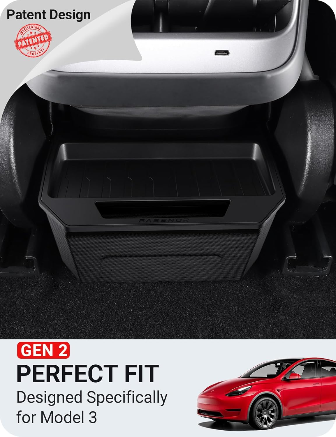 BASENOR 2017-2023 Tesla Model 3 Rear Center Console Organizer TPE Backseat Storage Box with Lid Cover Rear Middle Bin 2Nd Row Seat Organizer for Model 3 Interior Accessories Gen 2 image number 2