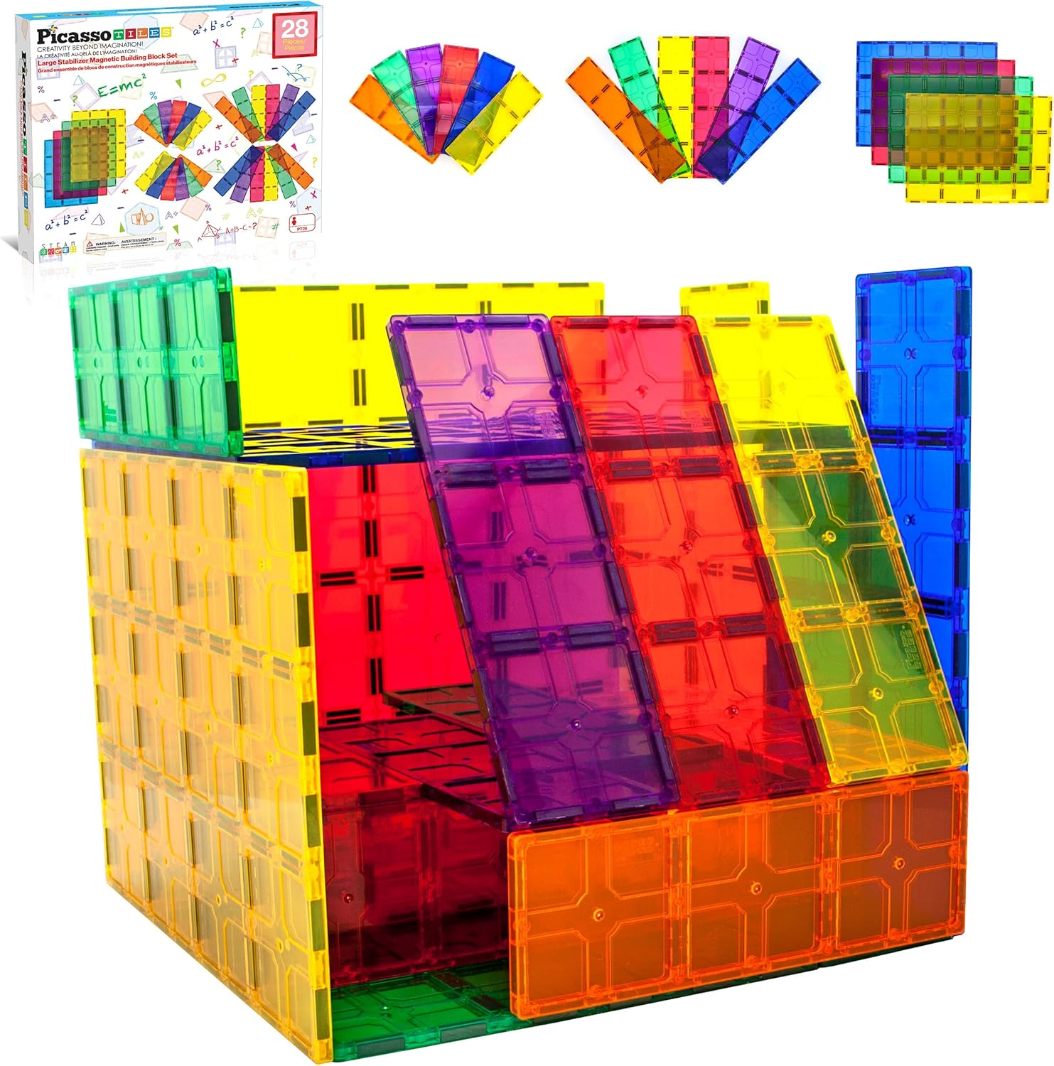 Picassotiles 28 Piece 12"X9", 12"X3", 9"X3" Large Stabilizer Building Block Base 28Pc Jumbo XL Plate Foundation Kit Magnetic Building Blocks Magnet Tiles Educational Construction Stacking STEM Toy Set image number 3