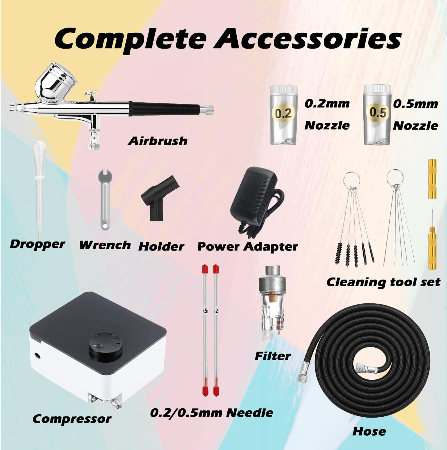 Airbrush Kit with 33PSI Adjustable Air Compressor, Dual-Action Airbrush with 0.2/0.3/0.5Mm Nozzle/Cleaning Sets for Nail Art,Makeup,Modeling, Cake Decor, Pastry, Etc.
