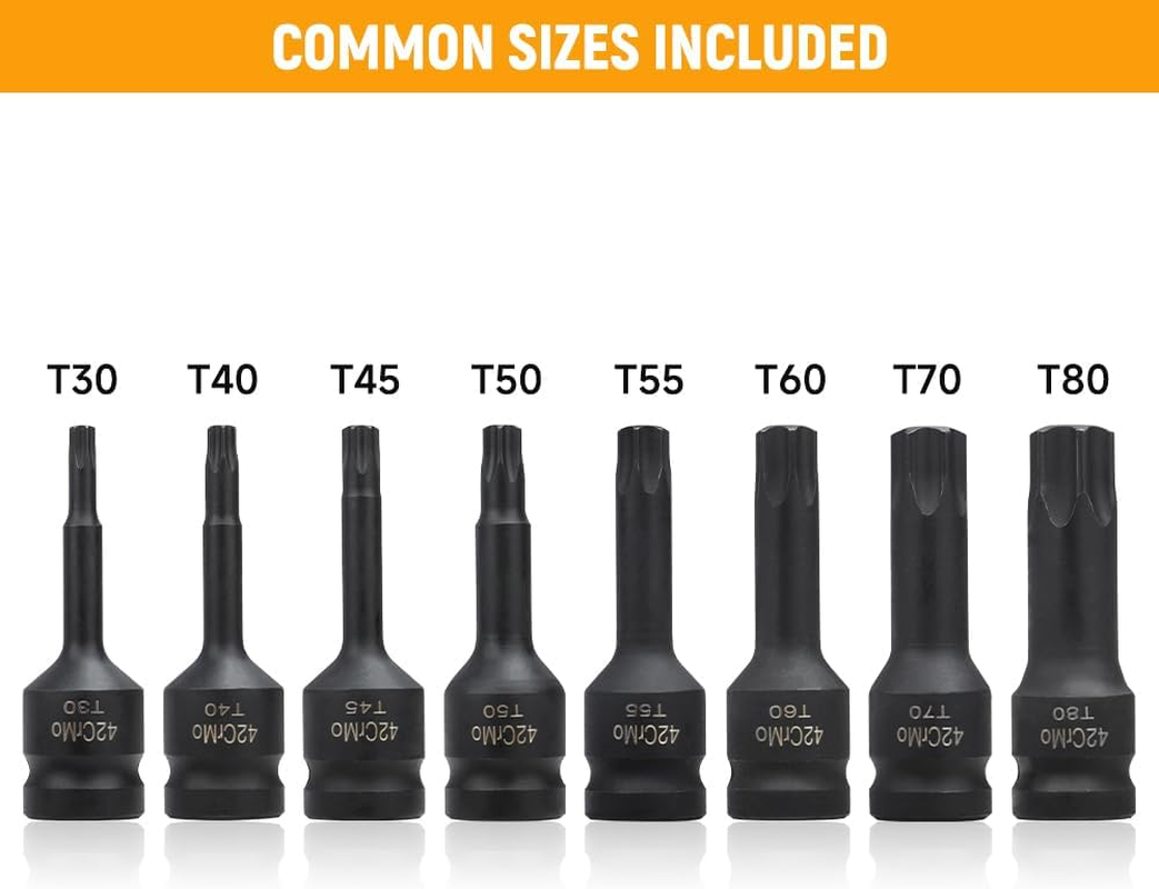 Hoteche 8PC 1/2 Inch DR Impact Wrench Torx Socket Set, T30-T80, CR-MO Material, Black Phosphate Coating, Includes Blow Mould Box - Power Bit Socket Set for Professional Applications image number 1