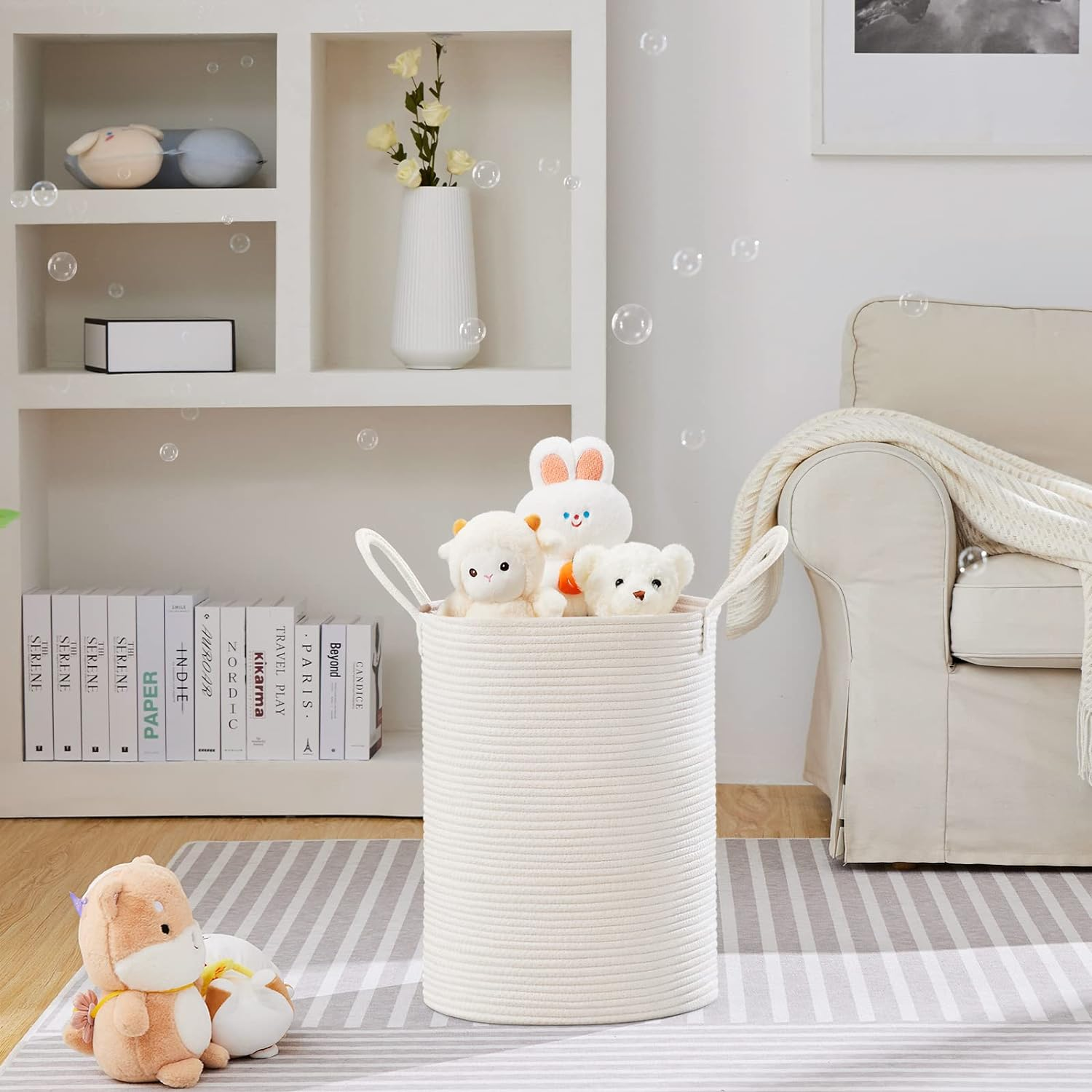 VIPOSCO Large Laundry Hamper, Tall Woven Rope Storage Basket for Blanket, Toys, Dirty Clothes in Living Room, Bathroom, Bedroom - 58L White