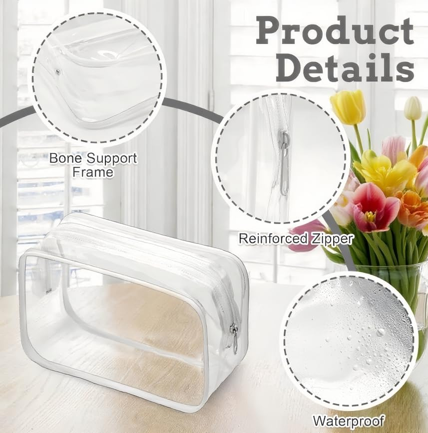 Shuoteng Clear Quart Size Portable Makeup Bags, 3Pcs Clear PVC Zipped Toiletry Pouches, White PVC Quart Size Cosmetic Makeup Bags with Zipper image number 2