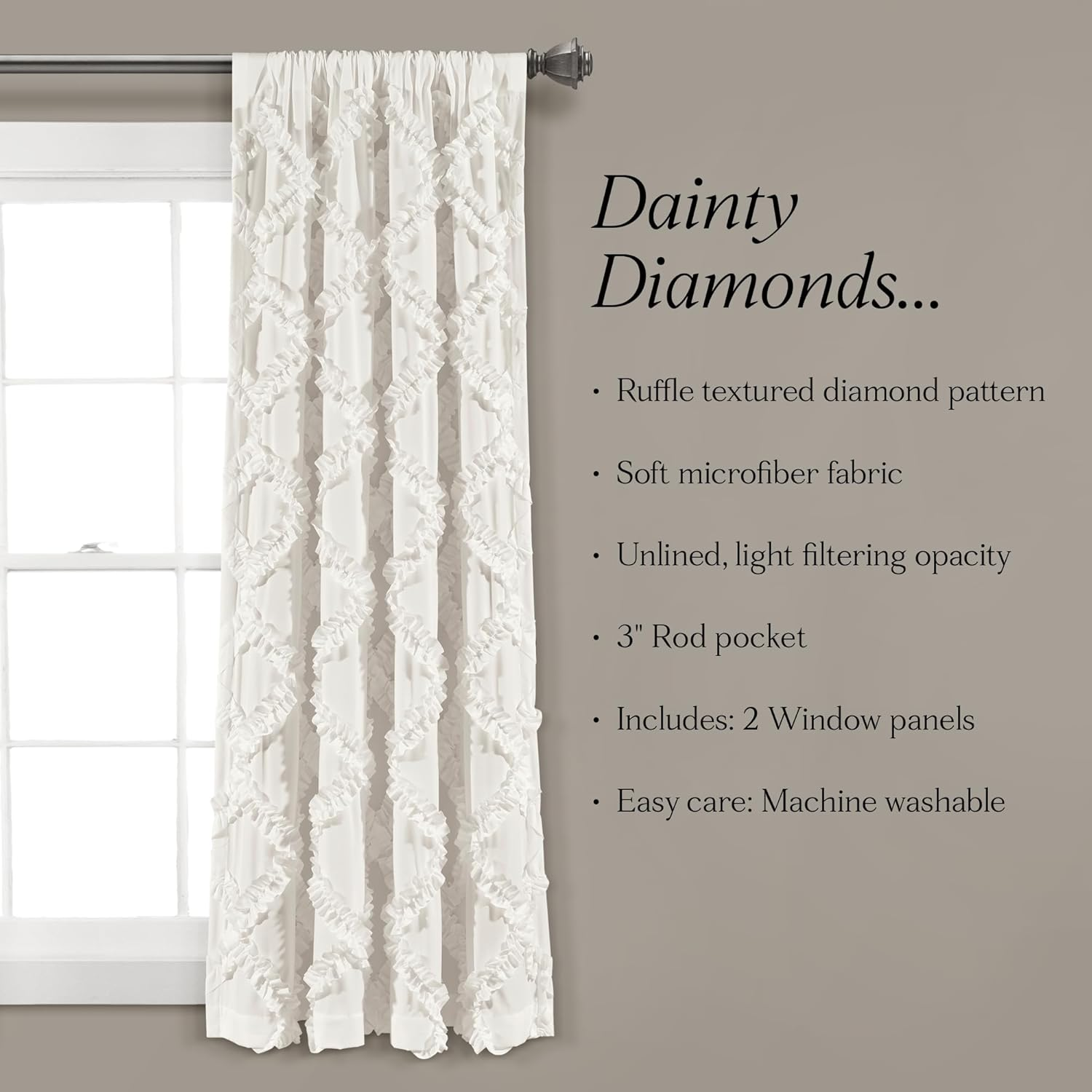 Lush Decor Ruffle Diamond Window Curtain Panel Pair, 63 in X 54 In, White image number 6