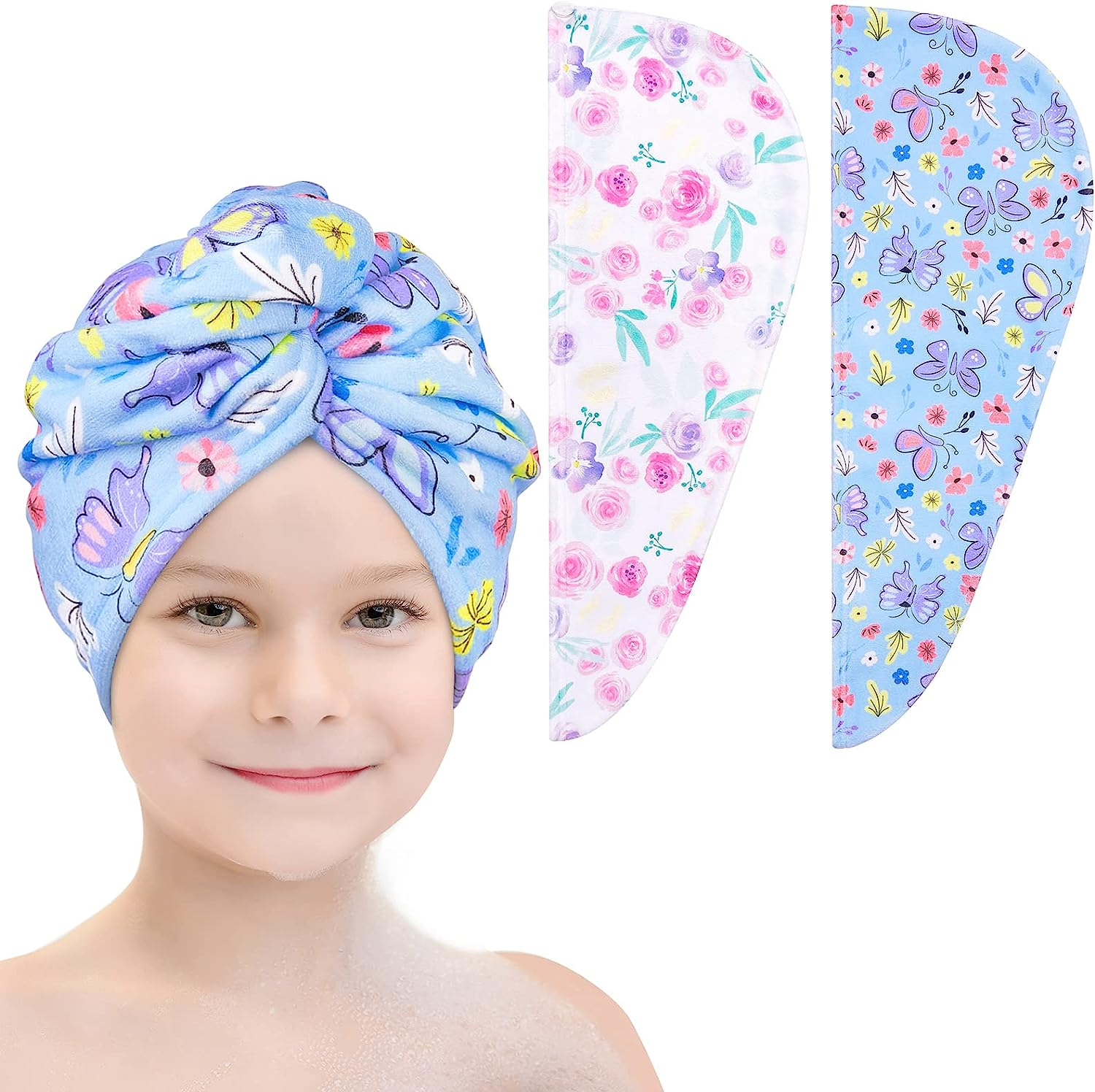 Basumee Microfiber Hair Towel Wrap for Kids 2 Pack Rapid Drying Hair Towel with Button Hair Turbans for Wet Hair Wraps Head Towel Wrap for Women and Girls, Flower