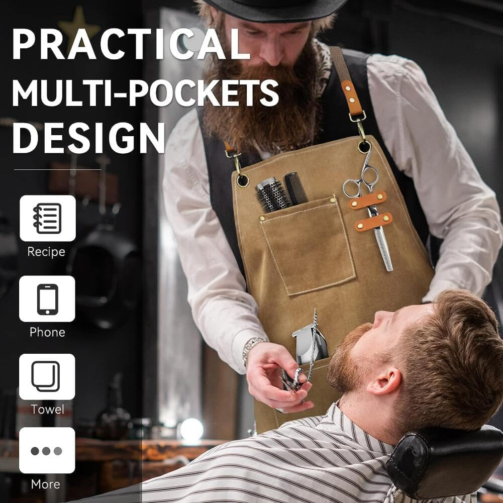 Dolemay Chef Aprons for Men Women,Cotton Canvas Cross Back Apron with Large Pockets & Adjustable Straps Kitchen Cooking Aprons Water-Resistant for BBQ Work Painting Kitchen Gardener Chef Baking image number 3