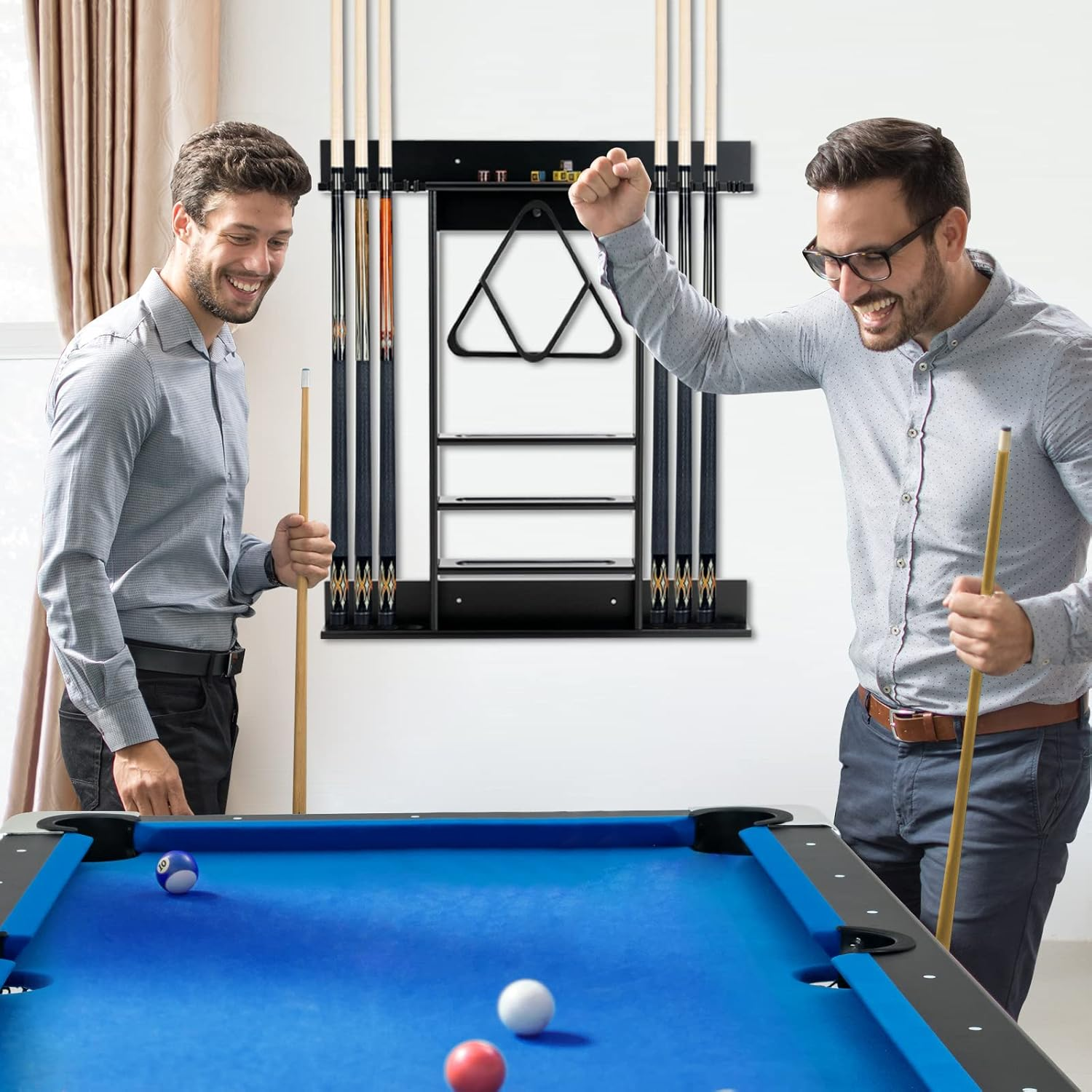 Costway Billiards Pool Cue Rack Only, Wall Mounted Billiard Stick Holder, Made of Solid Pine Wood, Holds Cues, Billiard Balls, Ball Rack, Compact Billiards Equipment for Billiard Room, Club image number 3