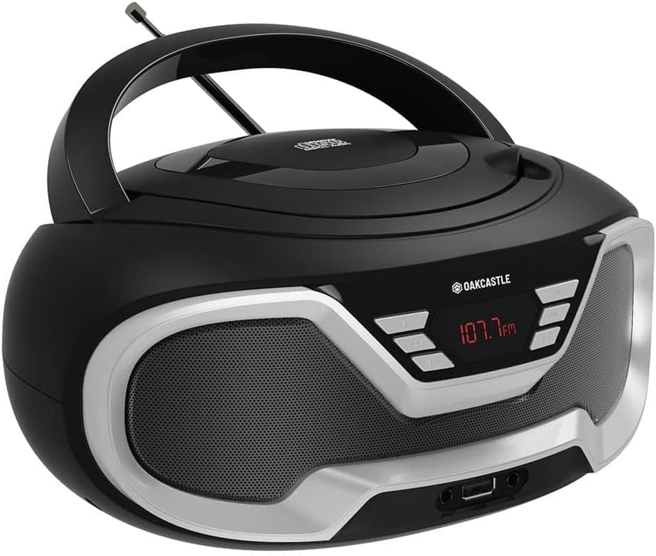 Oakcastle CD200 Portable CD Player Boombox with Bluetooth & FM Radio, 3.5Mm AUX Headphone Jack and USB Input, Mains and Battery Music System for Adults and Children with Stereo Sound Speakers (Black)