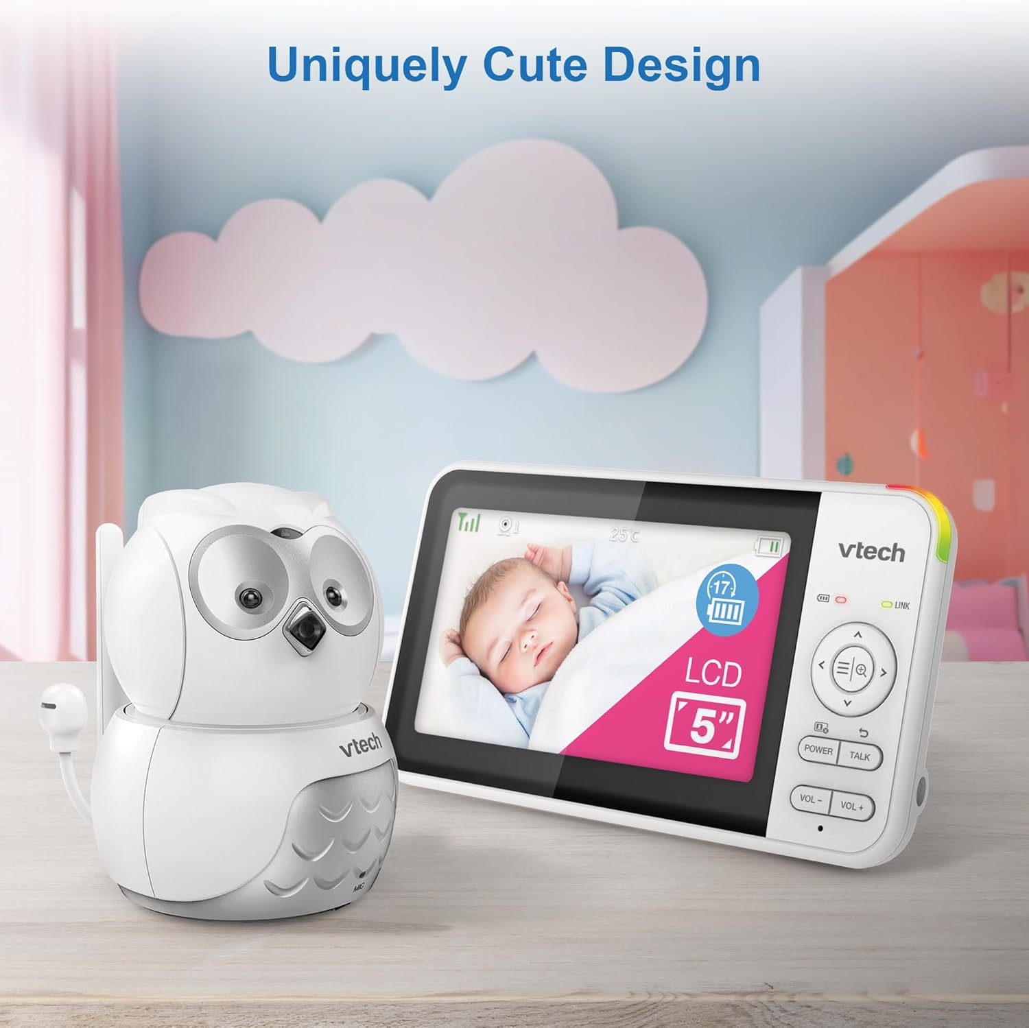 Vtech BM5550-OWLN 5" 2-Camera Full Colour Pan & Tilt Video & Audio Baby Monitor with 2-Way Talk, Soothing Sounds, Room Temperature Monitor, up to 17 Hours Battery Life