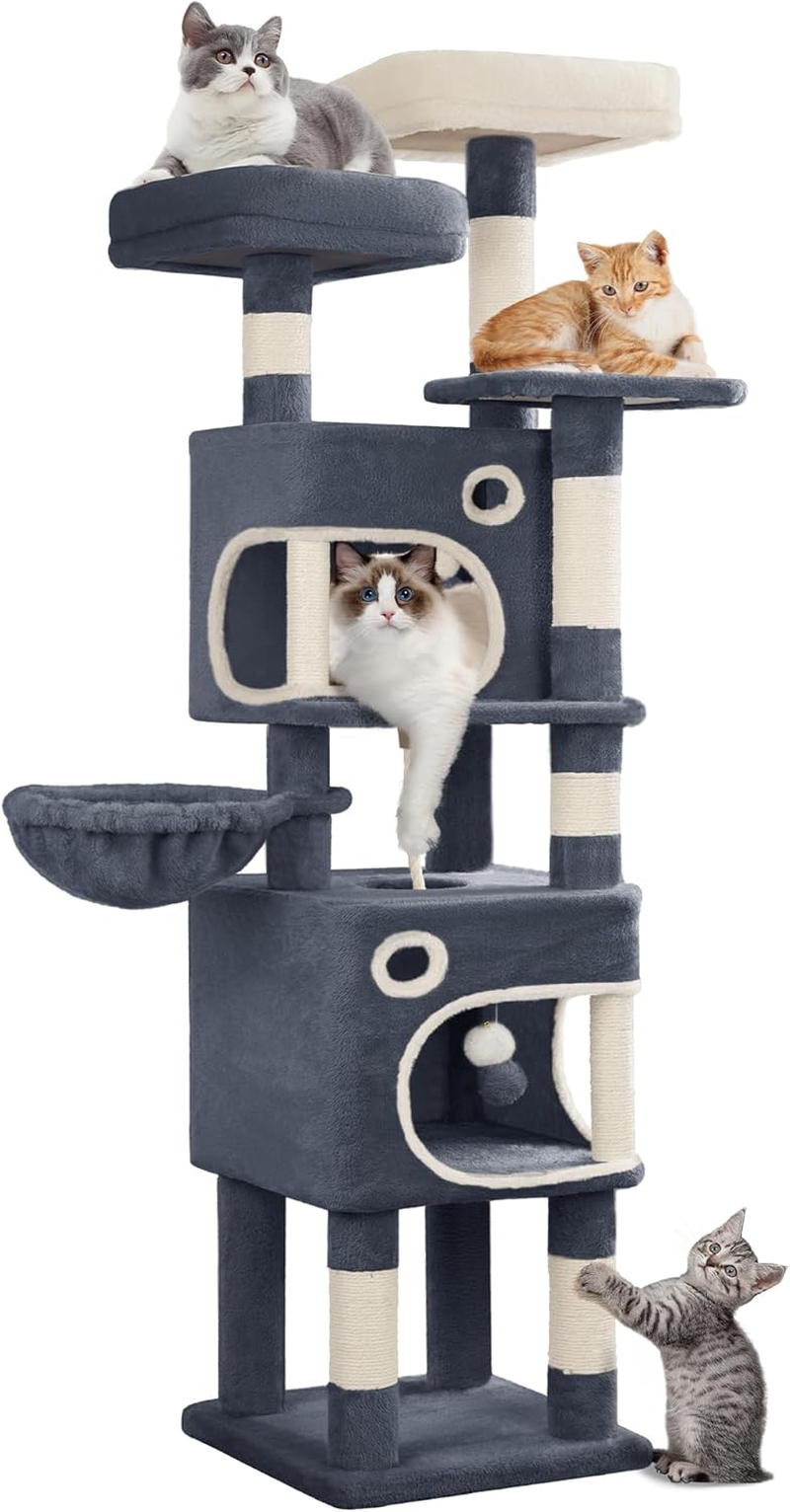 Hzuaneri Cat Tree for Indoor Cats, Cat Tower, Multi-Level Cats Condo with 8 Scratching Posts, 3 Platforms, 2 Caves, Basket, Plush Balls, Sisal Rope, Anti-Tip Kit, 180Cm Dark Gray MS18018SG