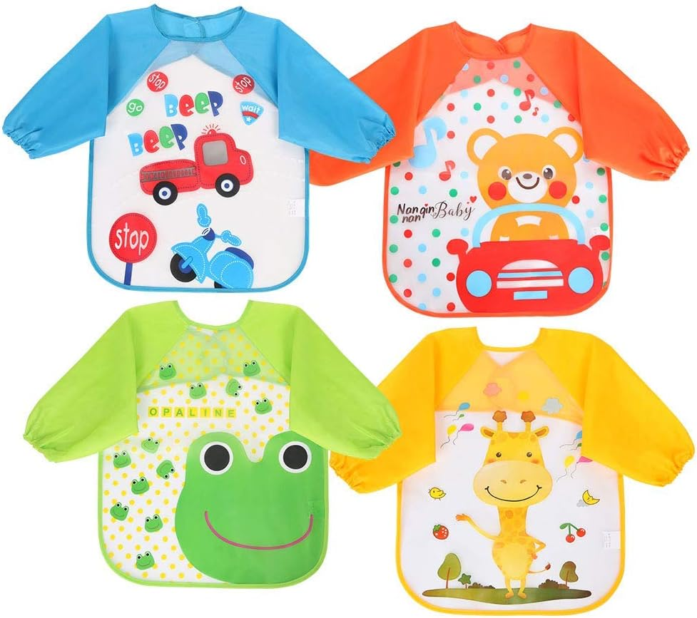 Vicloon Bibs with Sleeves,4 Pcs Waterproof Long Sleeve Bib Unisex Feeding Bibs Apron for Infant Toddler 6 Months to 3 Years Old
